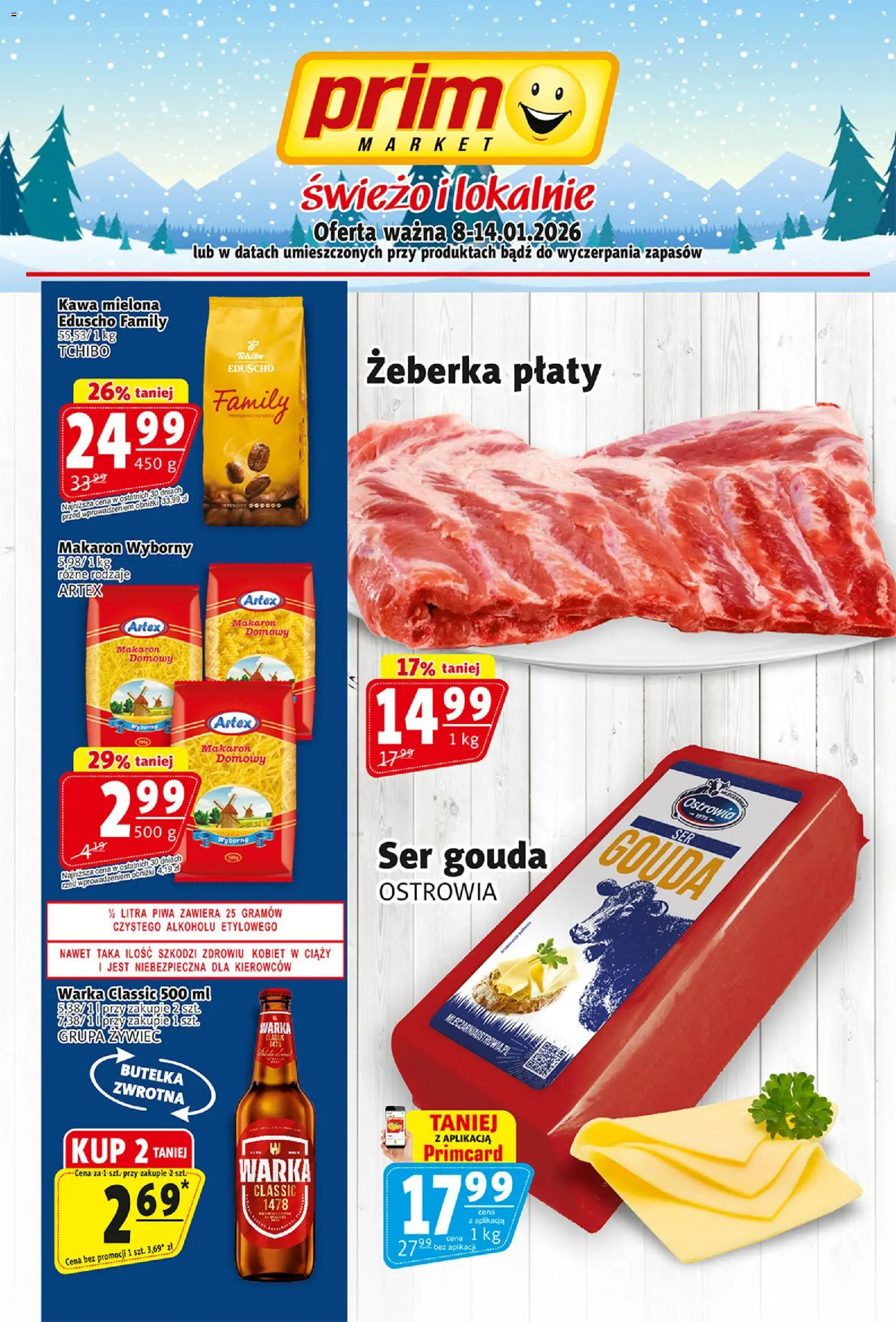 Prim Market Gazetka od 08.01.2026 | Strona: 1 | Produkty: Ser, Kawa, Makaron, Ser gouda