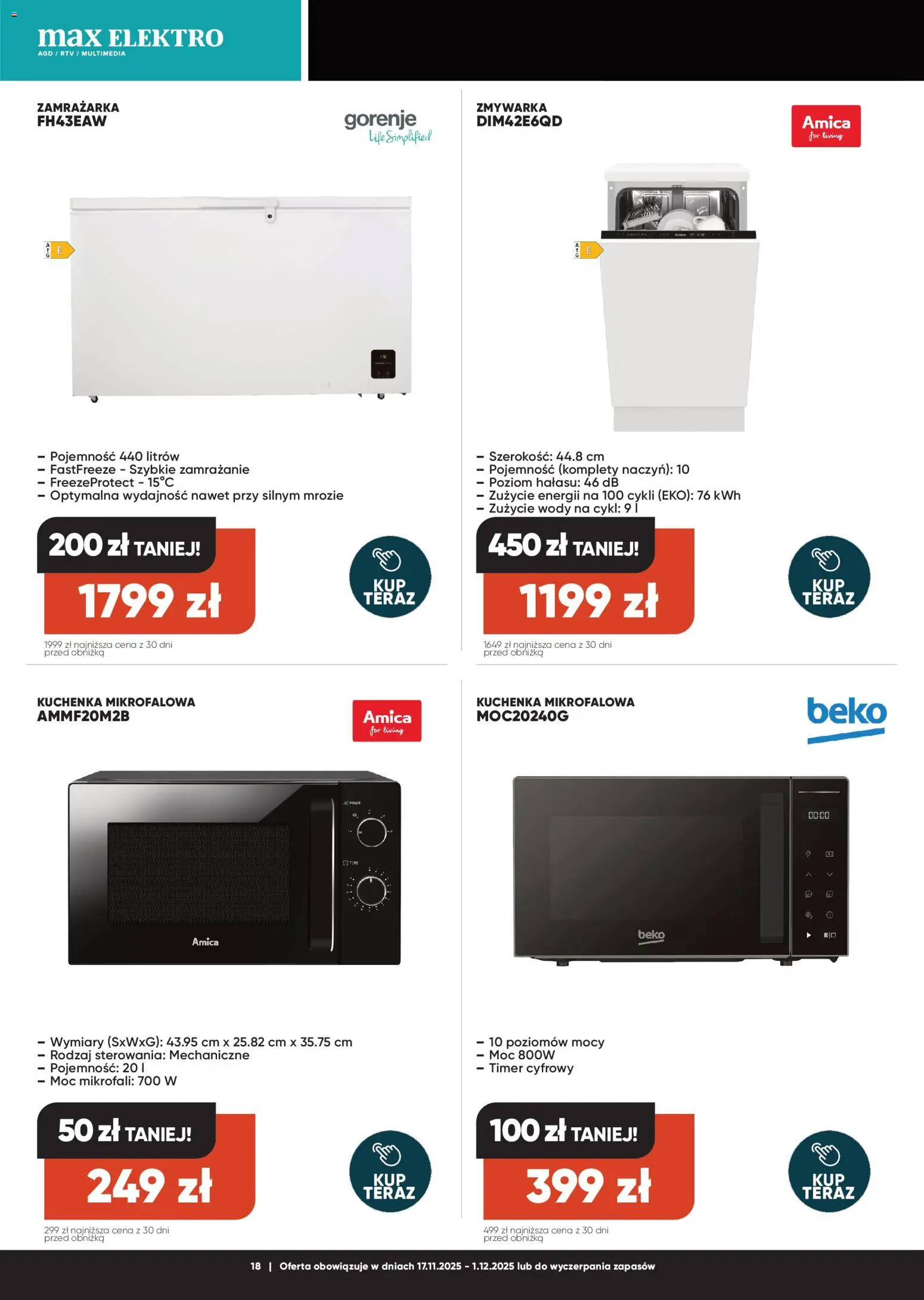 Max elektro Black Friday od 17.11.2025 | Strona: 18 | Produkty: Zamrażarka, Kuchenka mikrofalowa, Kuchenka, Zmywarka