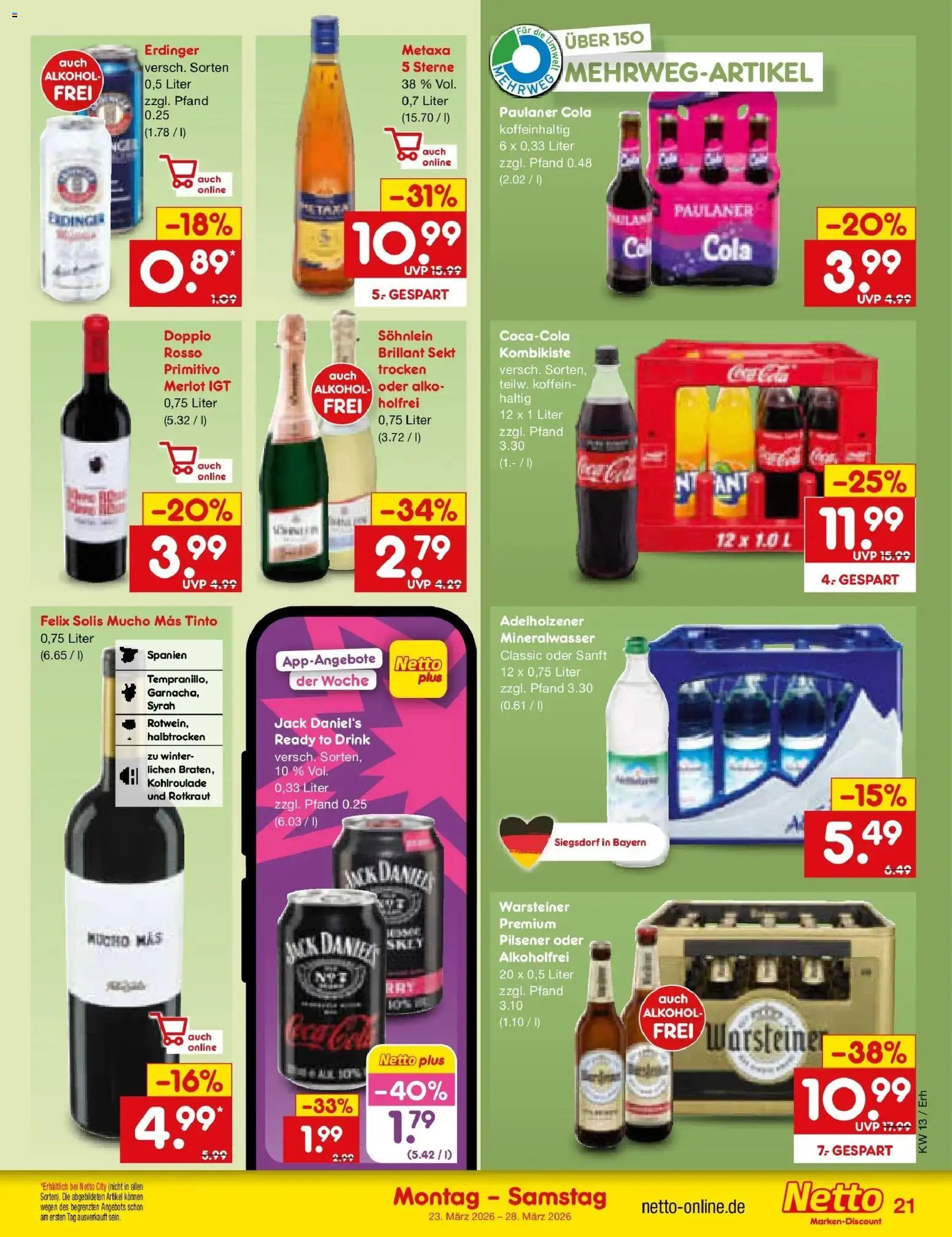 Netto Marken-Discount Prospekt Mauern	 – gültig ab 23.03.2026 | Seite: 23 | Produkte: Erdinger, Cola, Merlot, Metaxa