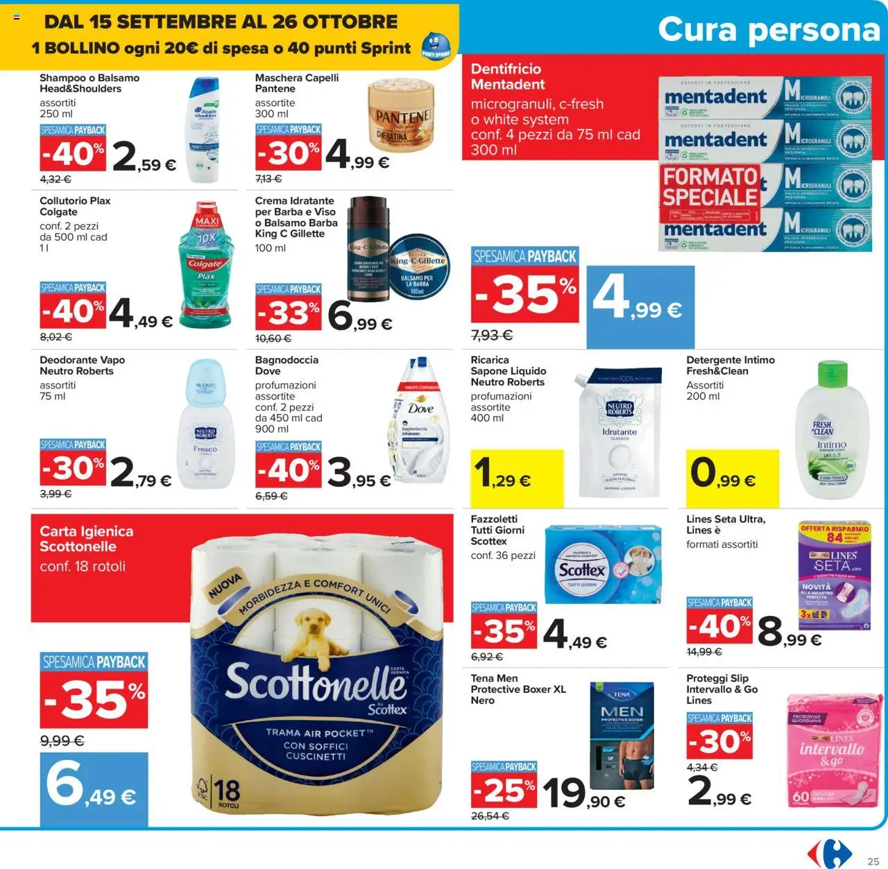 Volantino Carrefour del 10.10.2025 | Pagina: 25 | Prodotti: Shampoo, Carta igienica, Proteggi slip, Detergente intimo
