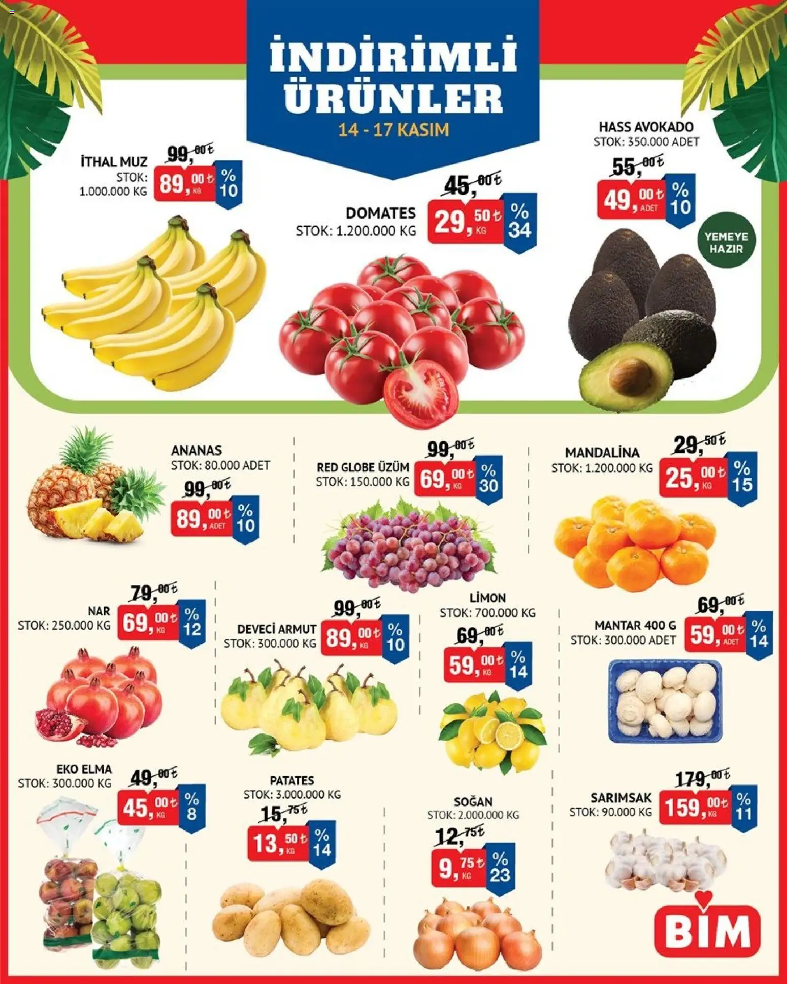 BİM Meyve Sebze - 14.11.2025 tarihinden itibaren geçerlidir | Sayfa: 1 | Ürünler: Ananas, Mandalina, Sarımsak, Üzüm