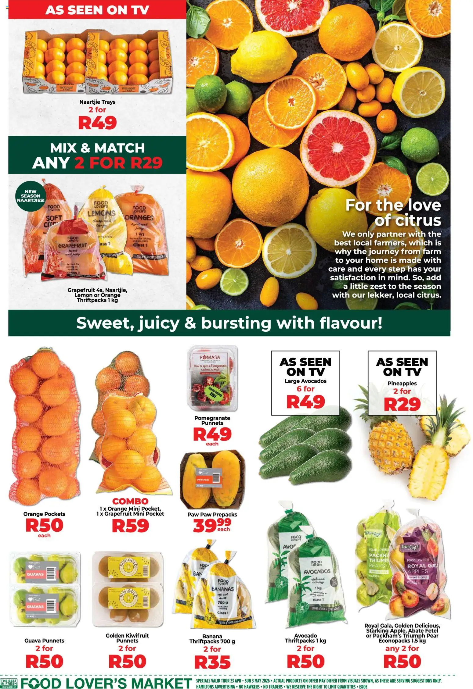 New Food Lover's Market catalogue – valid from 23.04.2026 | Page: 3 | Products: Oranges, Bananas, Grapefruit, Lemon