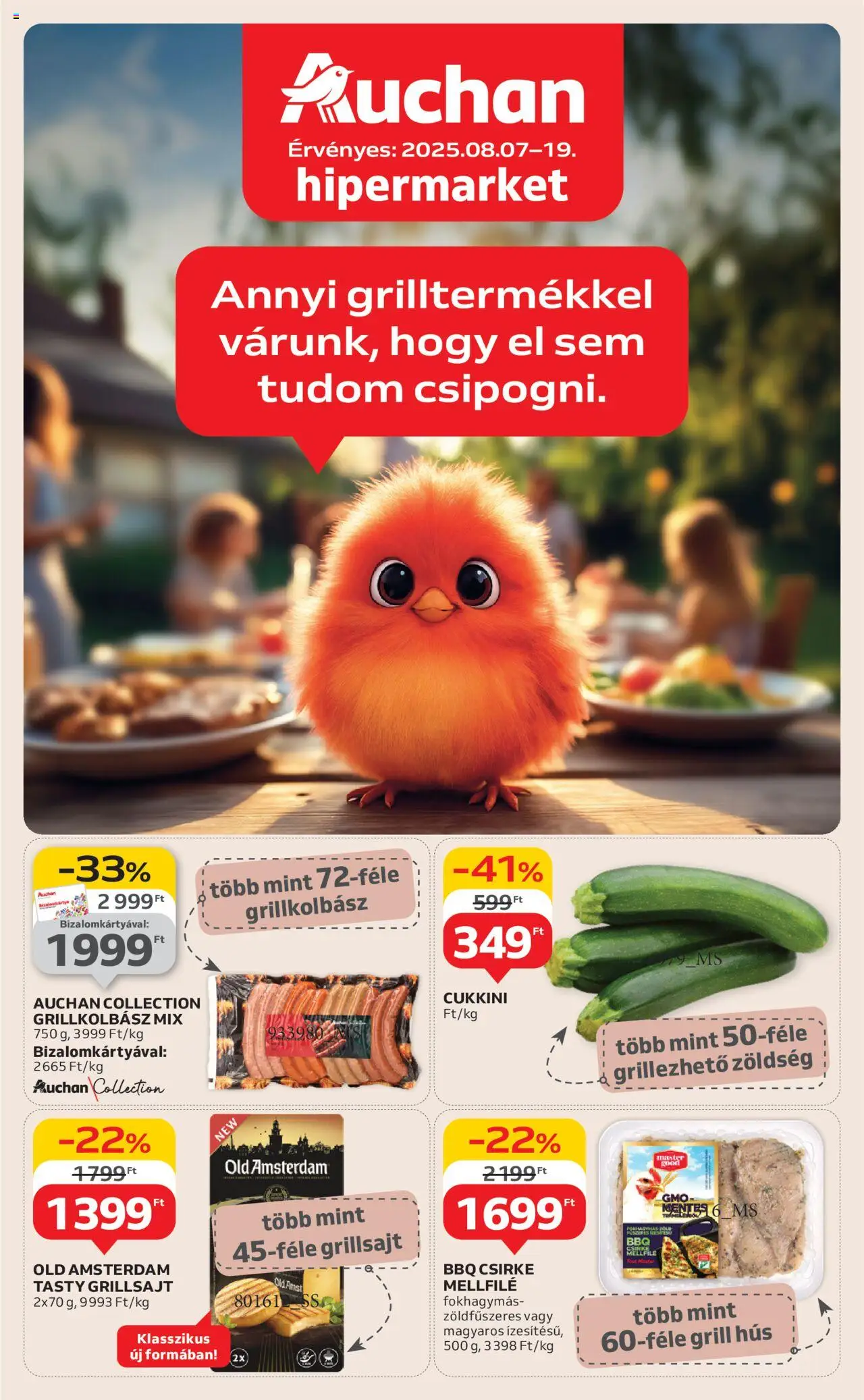 Auchan akciós ujság - amely érvényes a következő dátumtól: 07.08.2025 | Oldal: 1 | Termékek: Grillkolbász, Hús, Cukkini, Zöldség