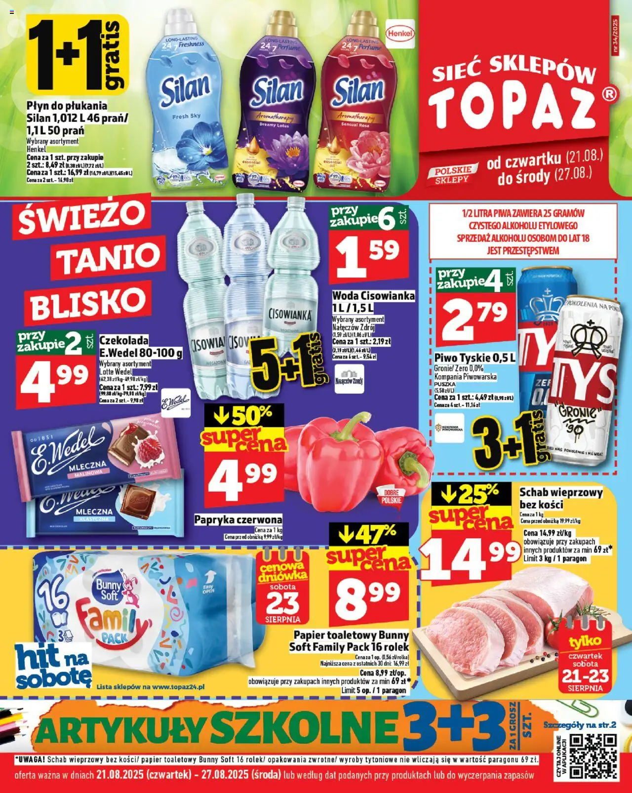 Topaz Gazetka od 21.08.2025 | Strona: 1 | Produkty: Schab, Schab wieprzowy, Papryka, Tyskie