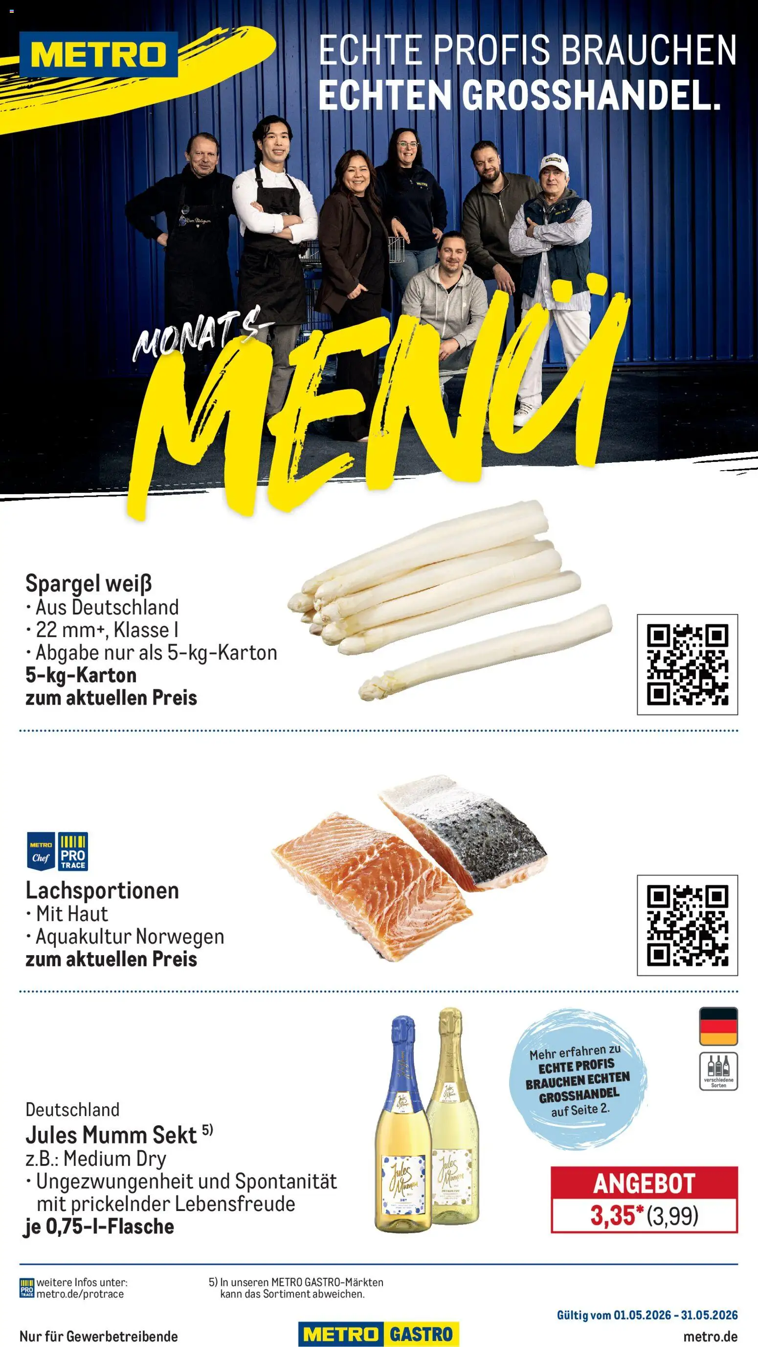 Metro Monats-Menü – gültig ab 01.05.2026 | Seite: 1 | Produkte: Mumm sekt, Sekt, Spargel, Jules mumm
