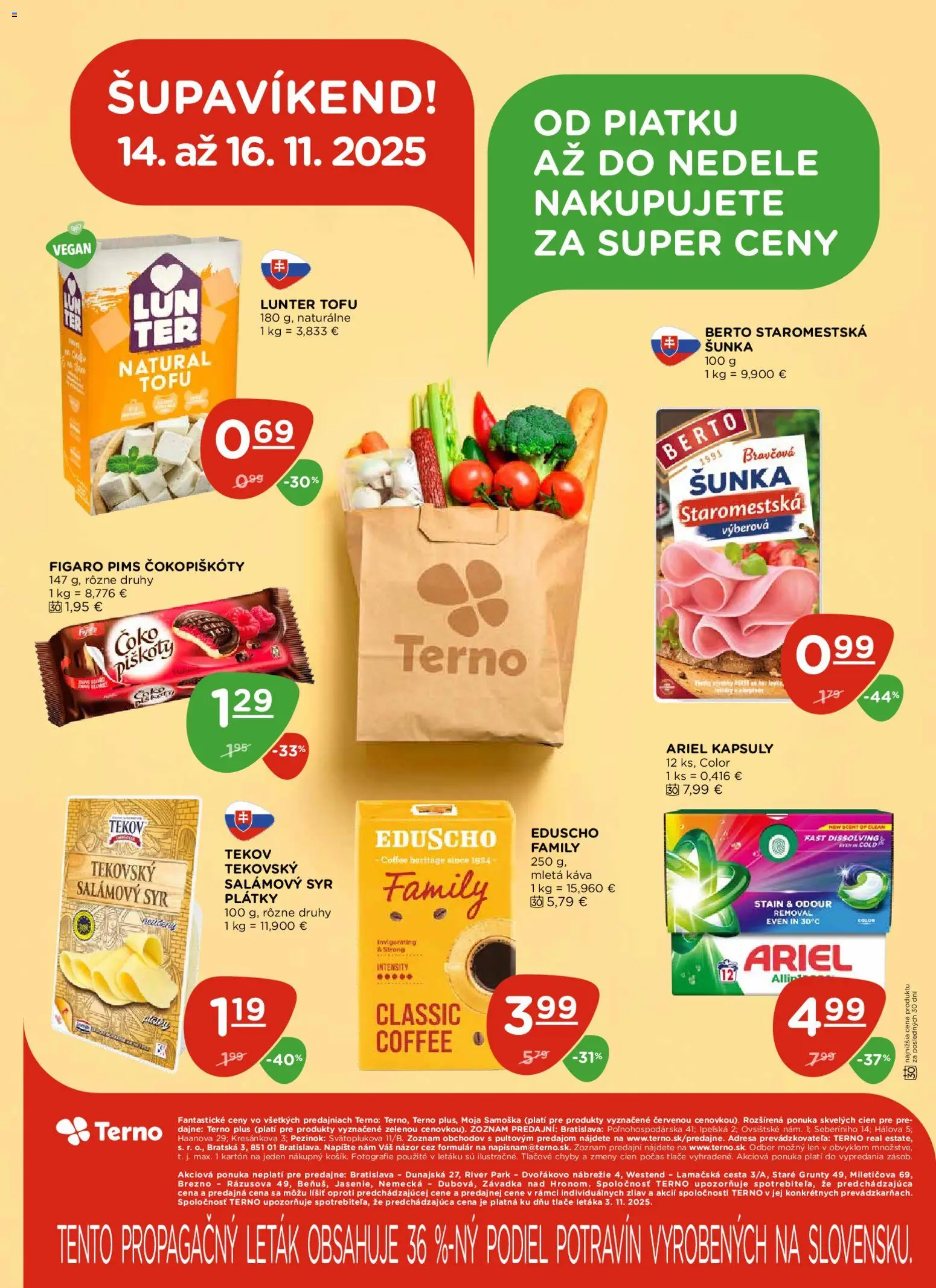 Nové Terno akcie – leták je platný od 13.11.2025 | Strana: 23 | Produkty: Syr, Káva, Šunka, Ariel