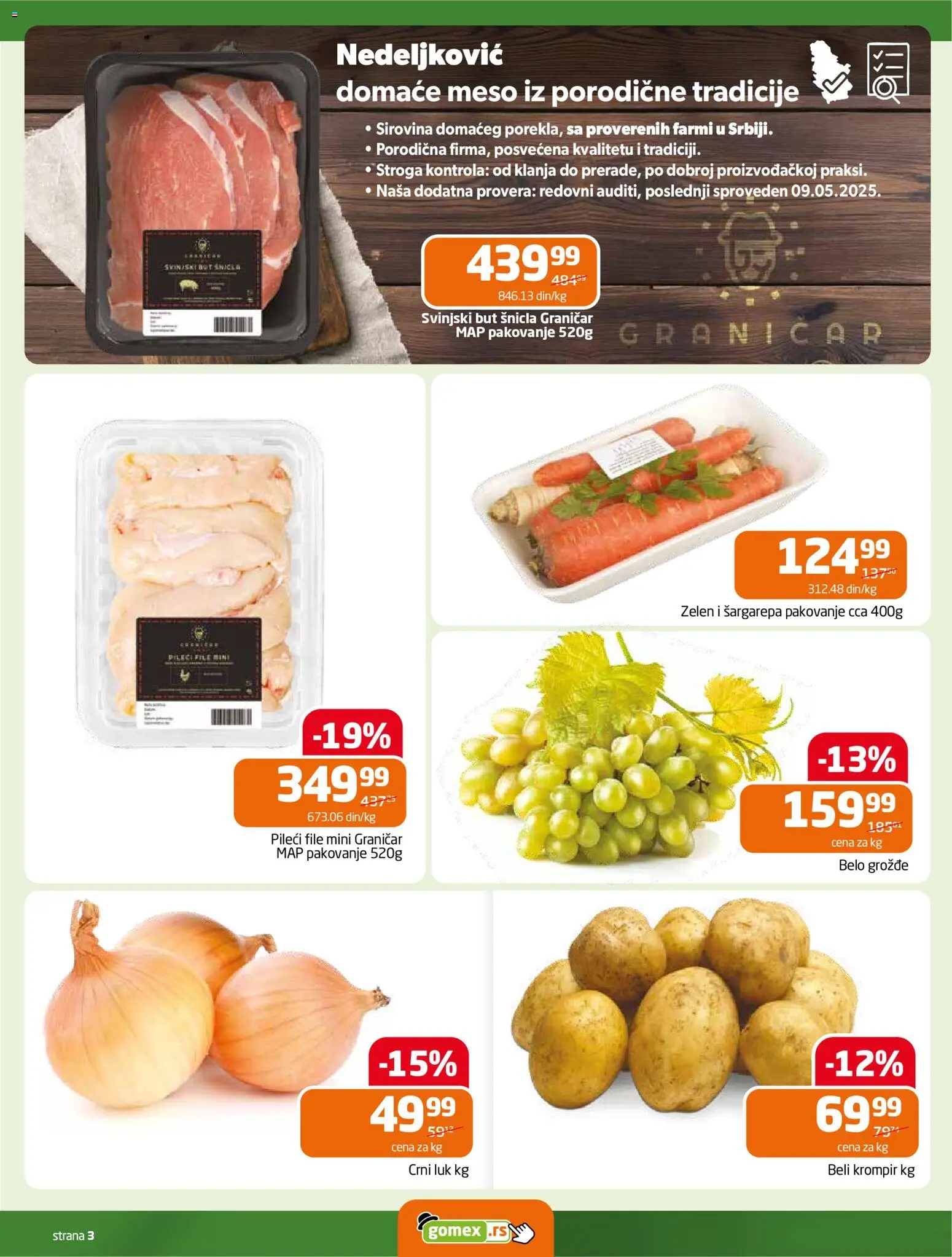 Gomex katalog - važi od 22.10.2025 | Strana: 3 | Proizvode: Pileći file, Krompir, Crni luk, Pakovanje