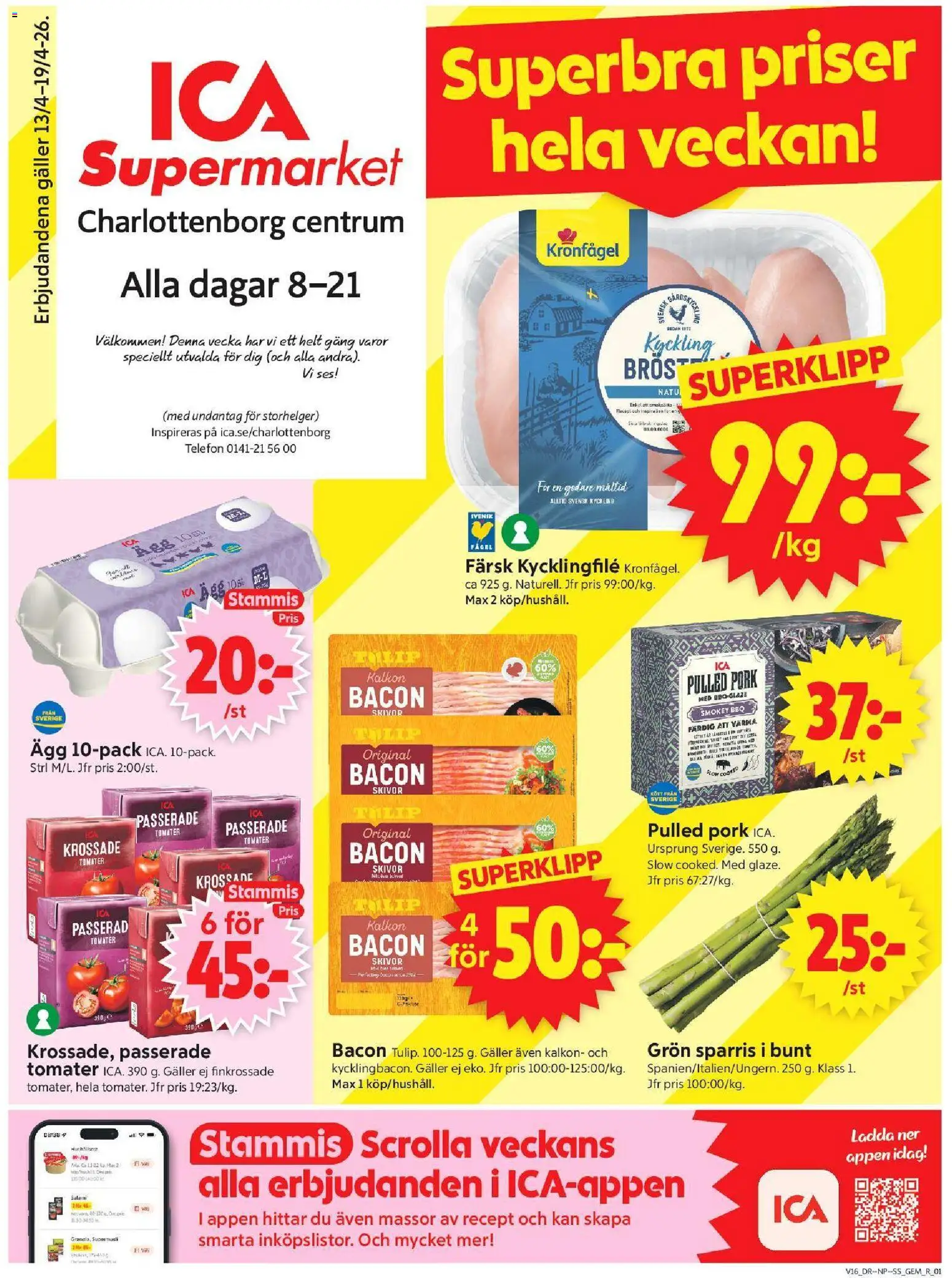 ICA Supermarket reklamblad aktuell från 13.04.2026 | Sida: 1 | Produkter: Ägg, Salami, Tomater, Telefon