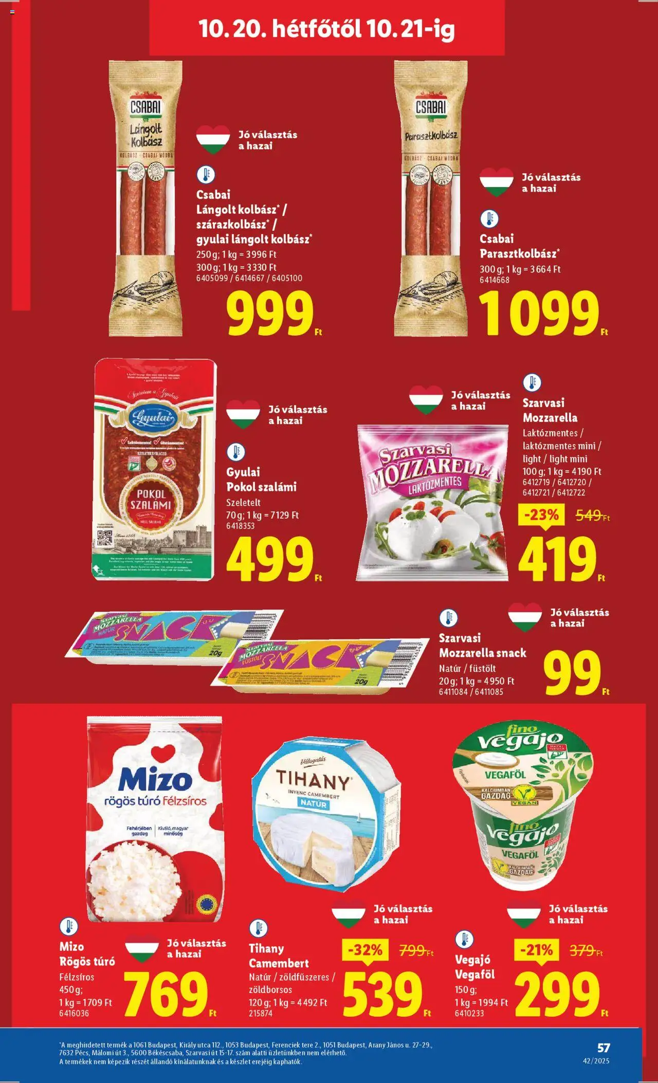 Lidl akciós ujság - amely érvényes a következő dátumtól: 16.10.2025 | Oldal: 57 | Termékek: Mozzarella, Kolbász, Tihany, Túró