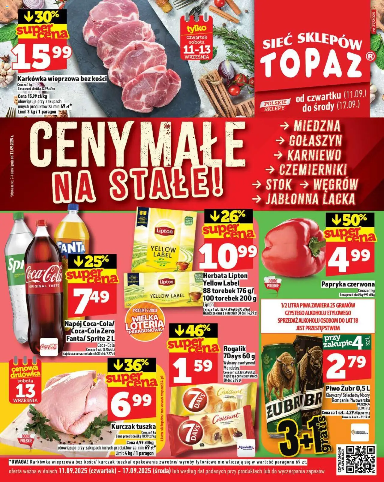 Topaz Gazetka - Ceny małe na stałe od 11.09.2025 | Strona: 1 | Produkty: Piwo żubr, Kurczak, Herbata lipton, Papryka czerwona