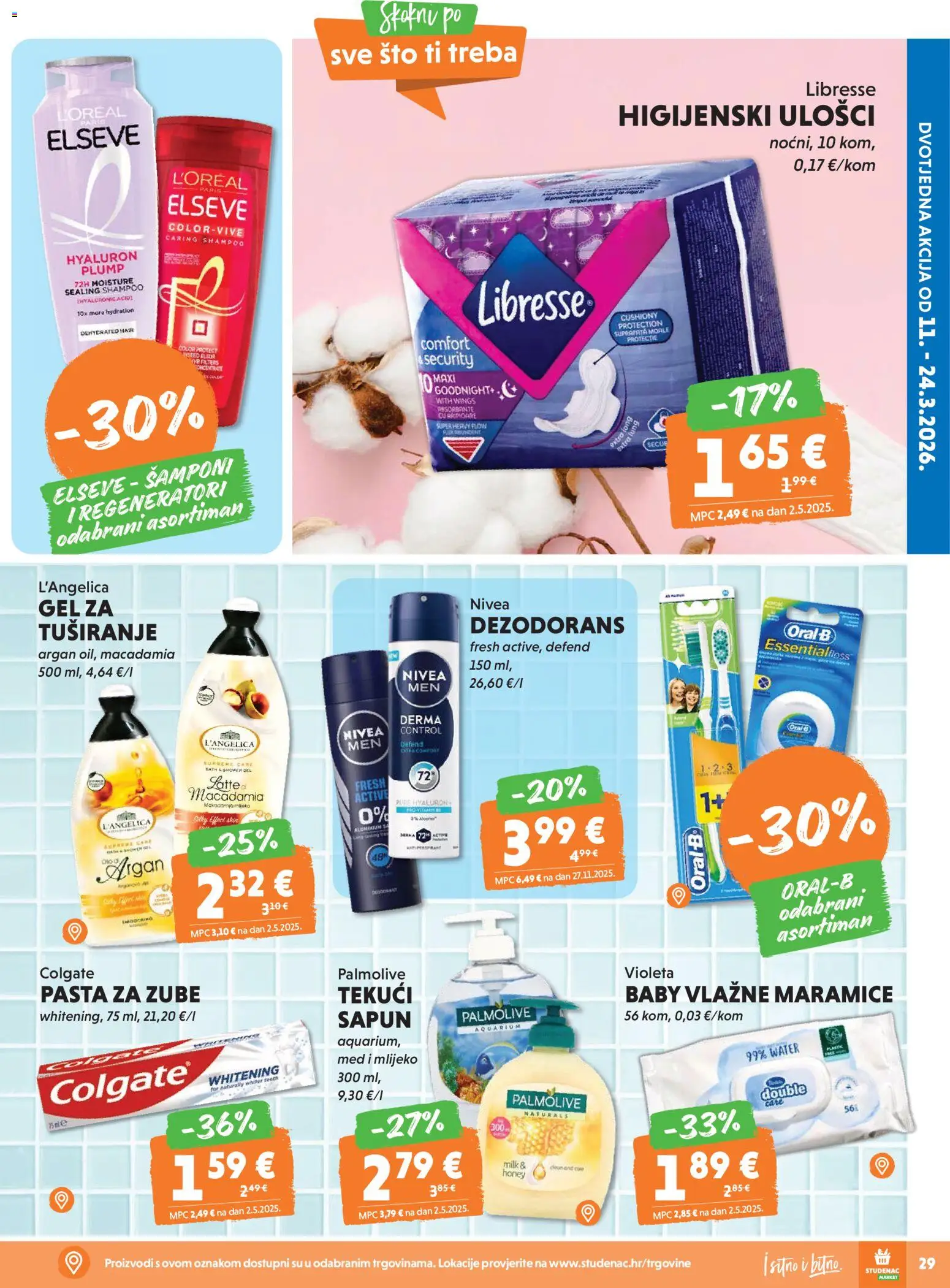 Studenac katalog | vrijedi od 18.03.2026 | Stranica: 29 | Proizvodi: Med, Vlažne maramice, Violeta, Libresse