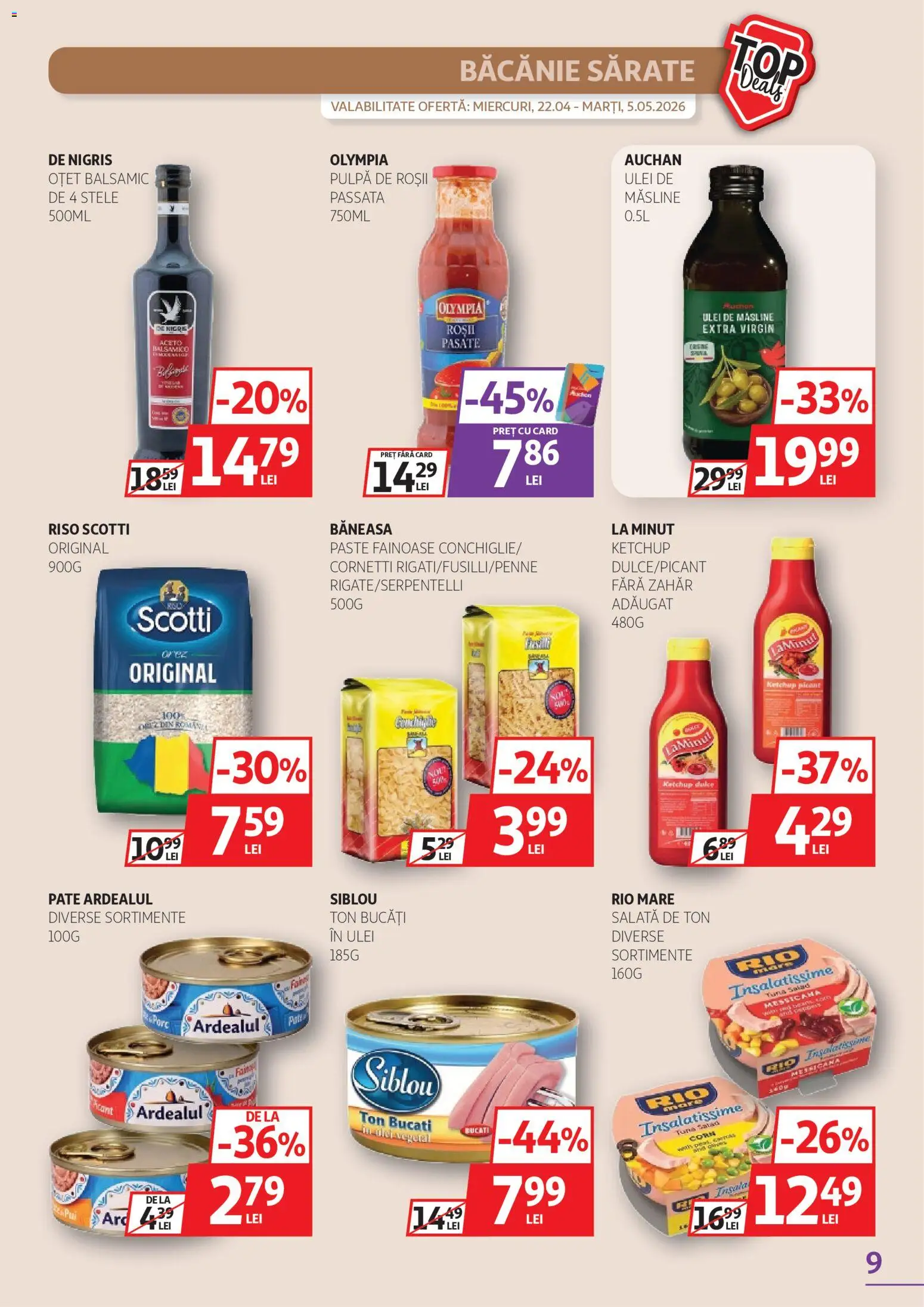 Noul catalog Auchan – valabil de la 22.04.2026 | Pagină: 9 | Produse: Ulei, Roșii, Paste, Ketchup