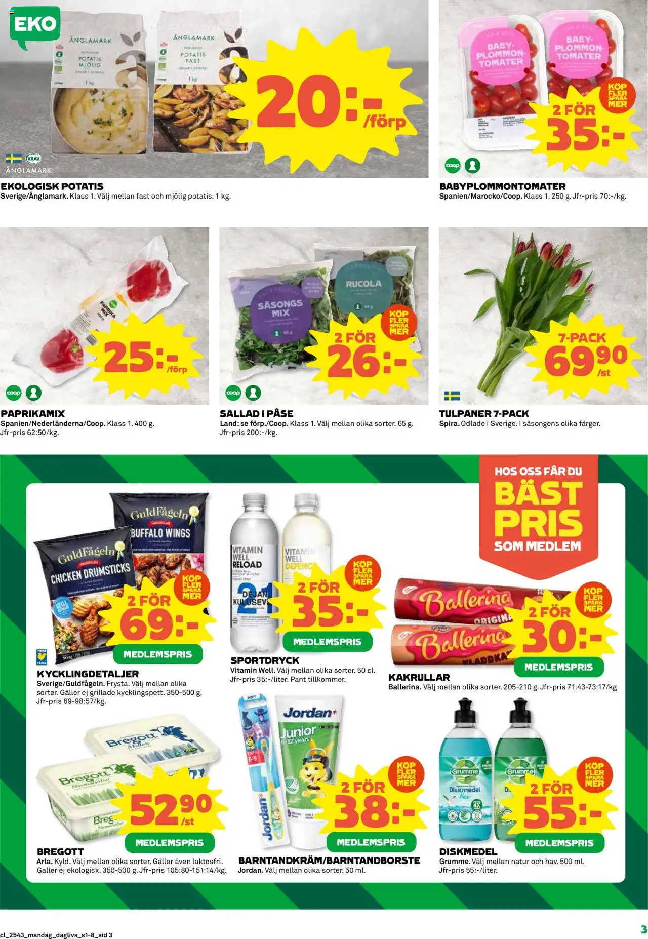 Coop Daglivs reklamblad aktuell från 20.10.2025 | Sida: 3 | Produkter: Diskmedel, Bregott, Ballerinas, Sallad
