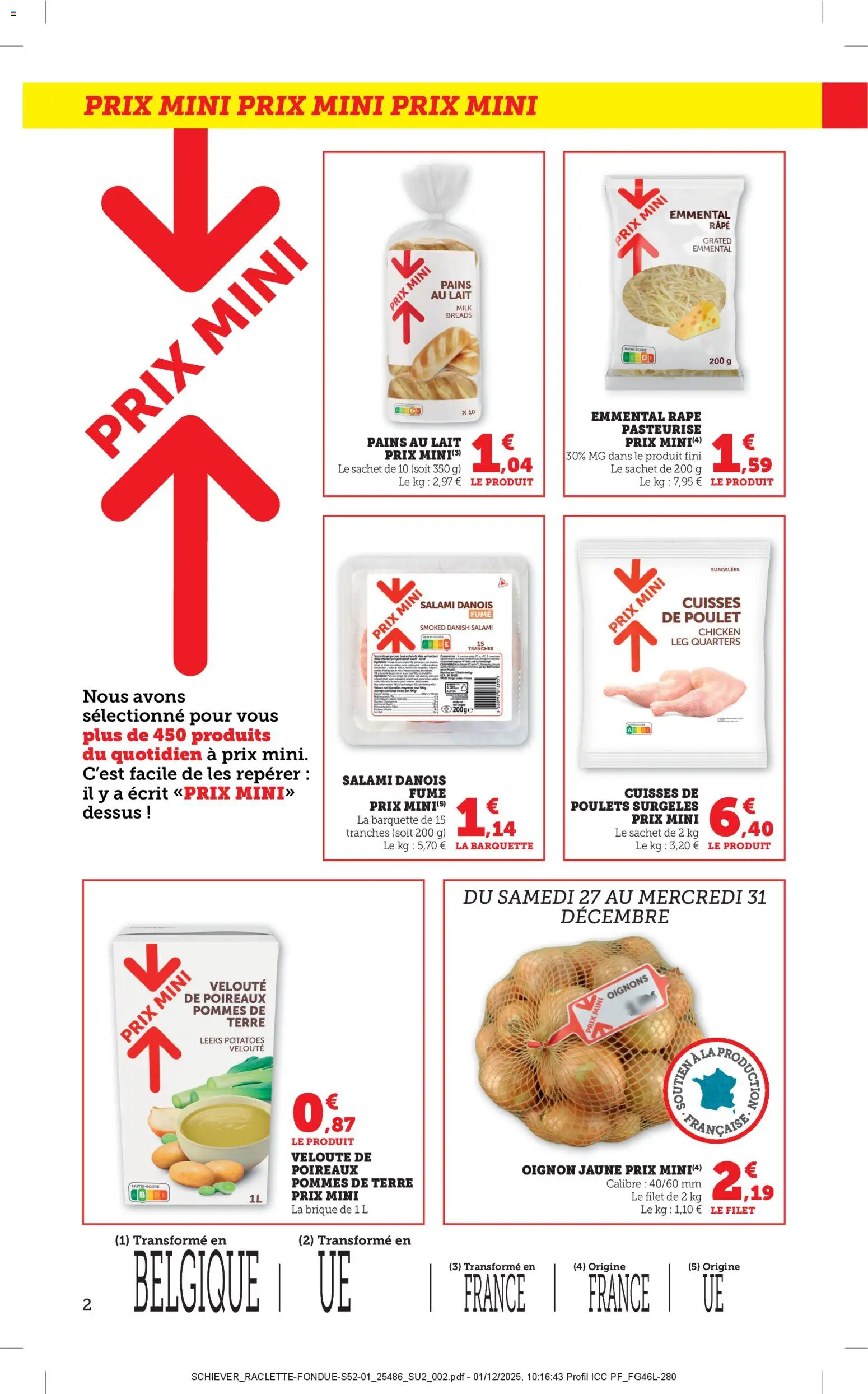 {H1} | Page: 2 | Produits: Pains au lait, Emmental, Oignons, Pommes de terre