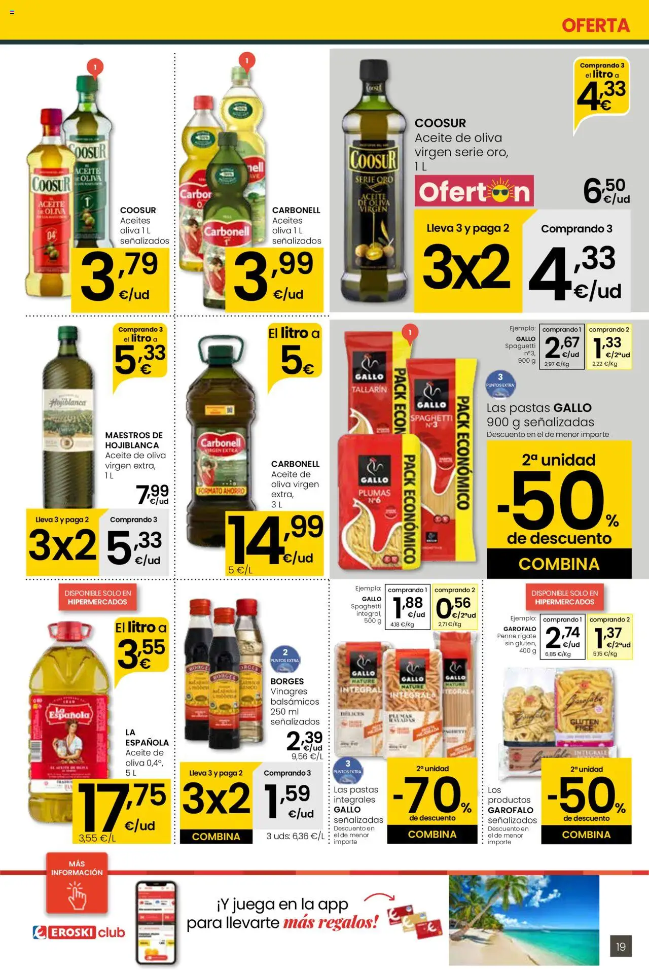 Eroski - Para conquistarte │ válido desde el 12.06.2025 | Página: 19 | Productos: Aceite, Pasta, Aceite de oliva, Juega