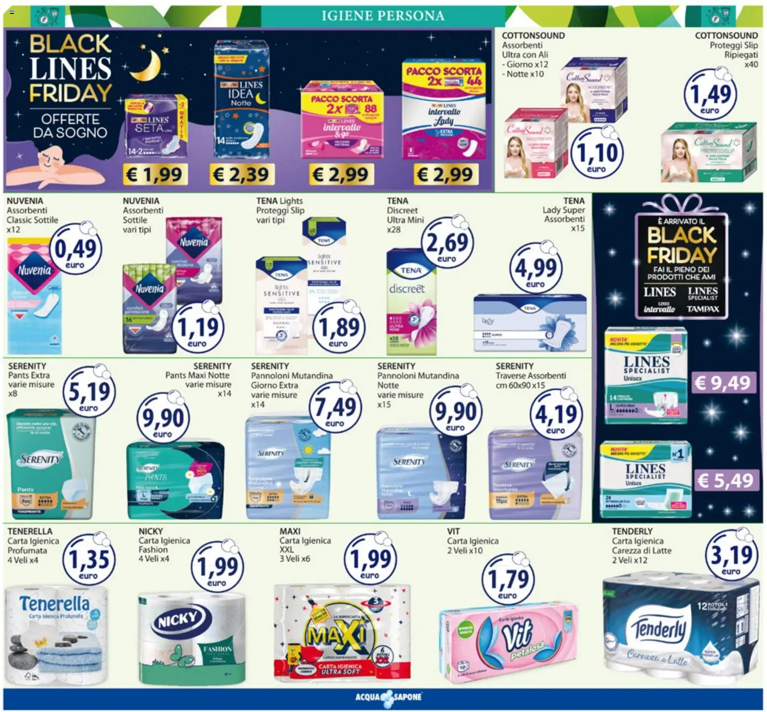 Volantino Acqua e Sapone del 17.11.2025 | Pagina: 12 | Prodotti: Carta igienica, Sapone, Slip, Latte