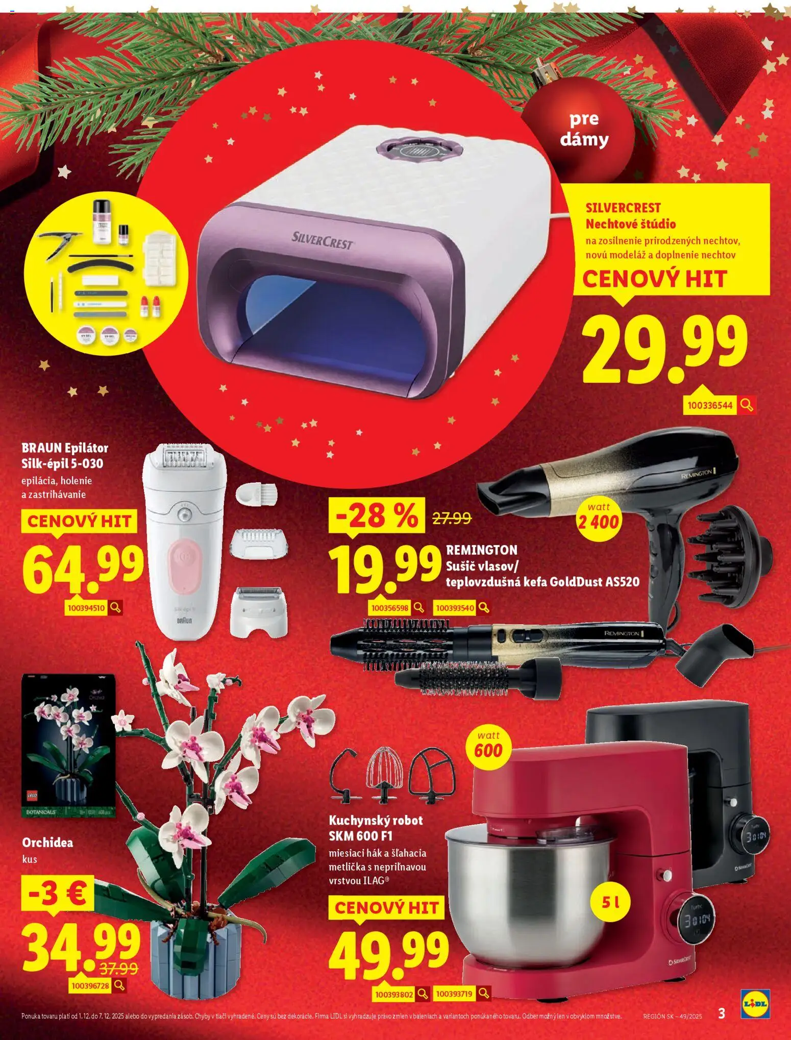 Nové Lidl akcie – leták je platný od 01.12.2025 | Strana: 3 | Produkty: Kuchynský robot, Kefa, Orchidea, Epilátor