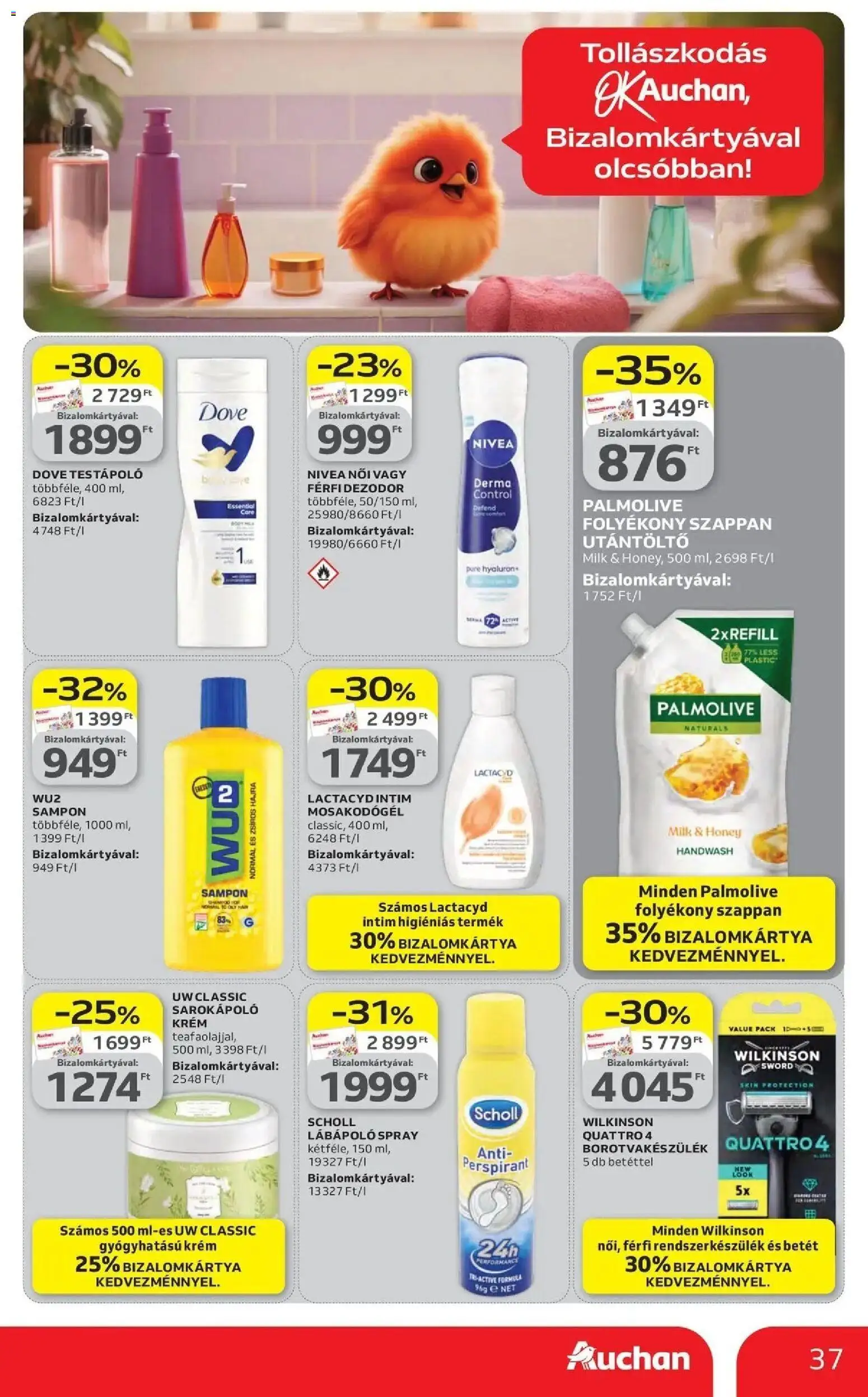 Auchan akciós ujság - amely érvényes a következő dátumtól: 16.04.2026 | Oldal: 37 | Termékek: Folyékony szappan, Sampon, Szappan, Dezodor
