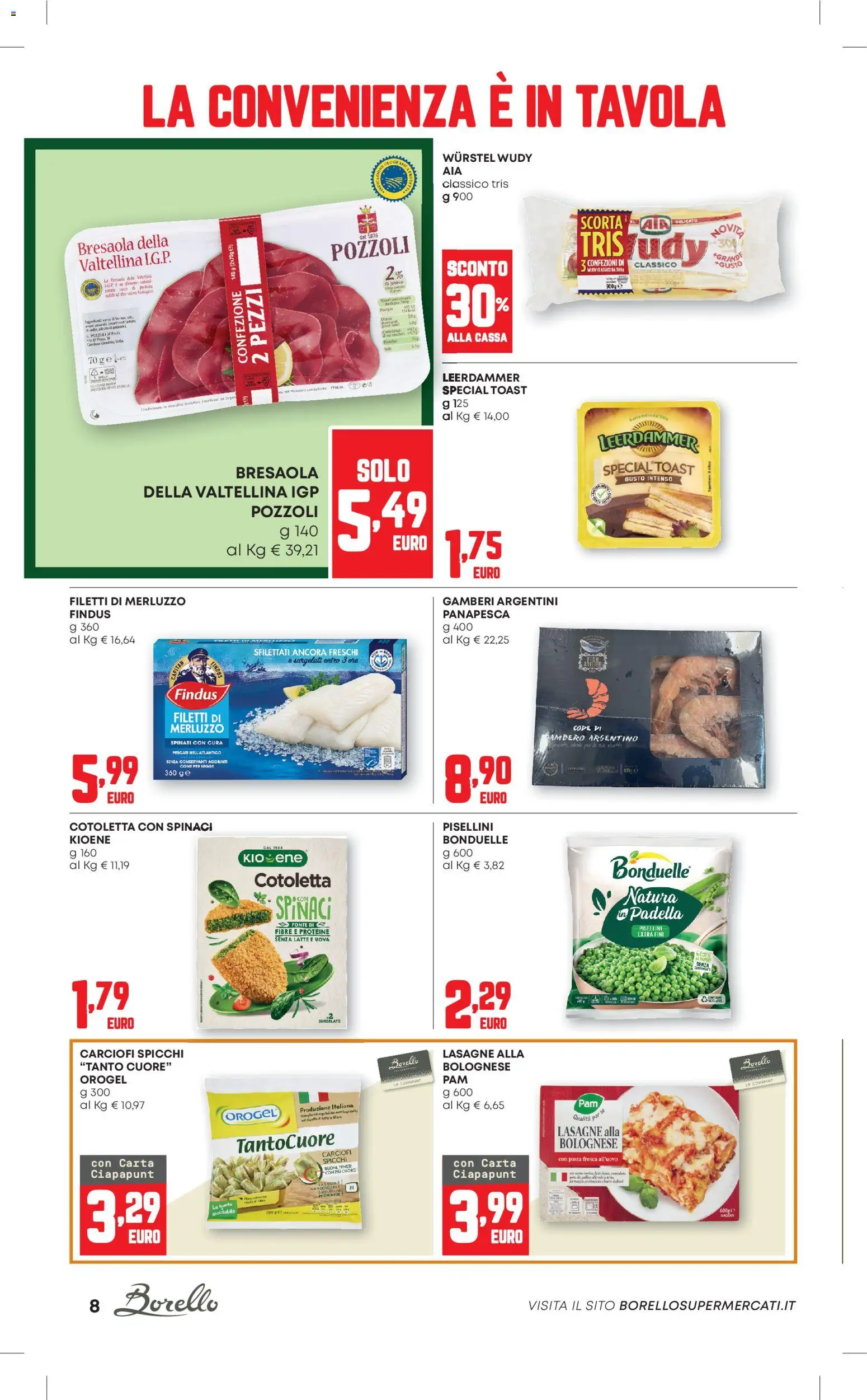 Volantino Borello Supermercati del 20.11.2025 | Pagina: 8 | Prodotti: Bresaola, Wurstel, Carciofi, Padella
