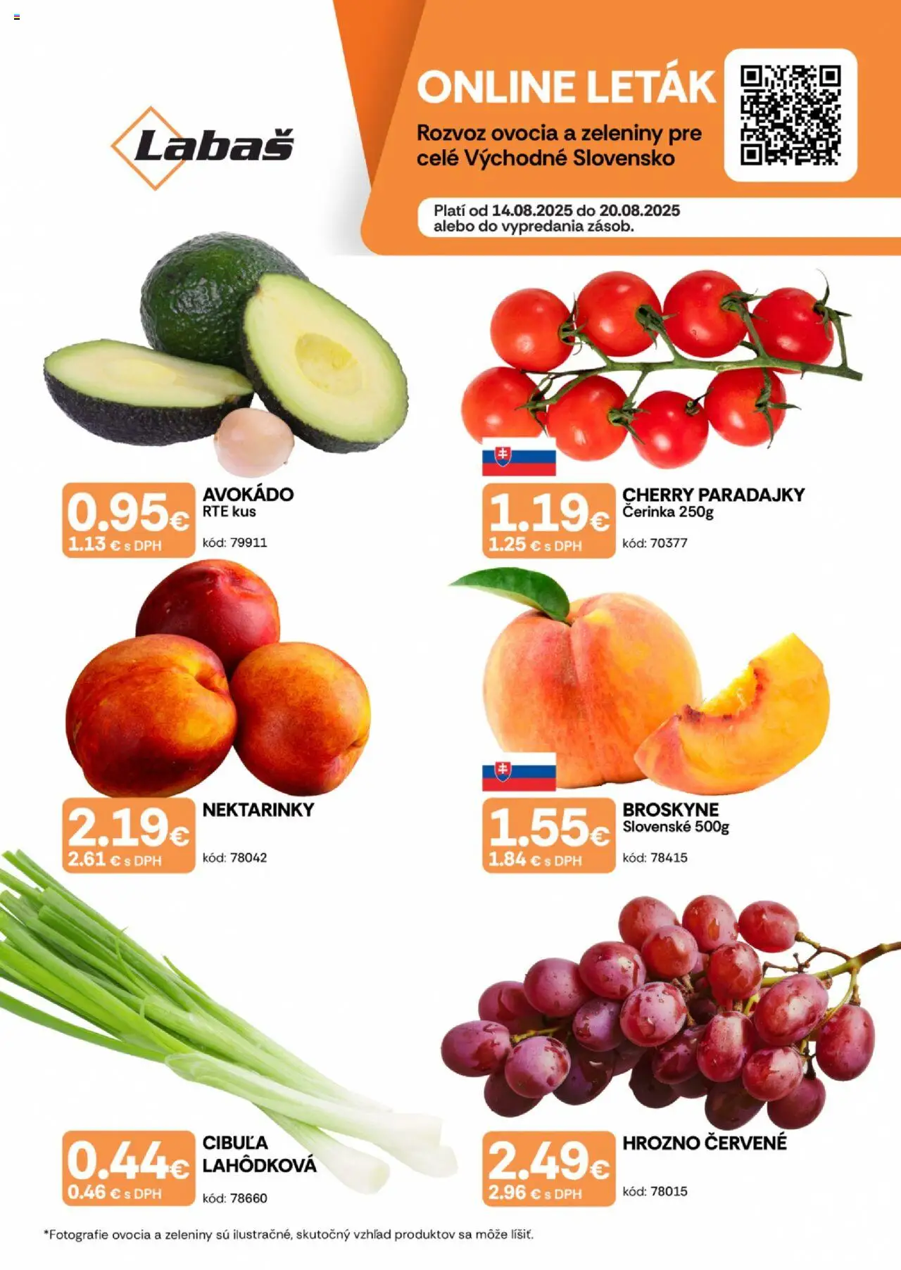 Labaš ovocie a zelenina │ platný od 14.08.2025 | Strana: 1 | Produkty: Cibuľa, Cherry paradajky, Broskyne, Hrozno