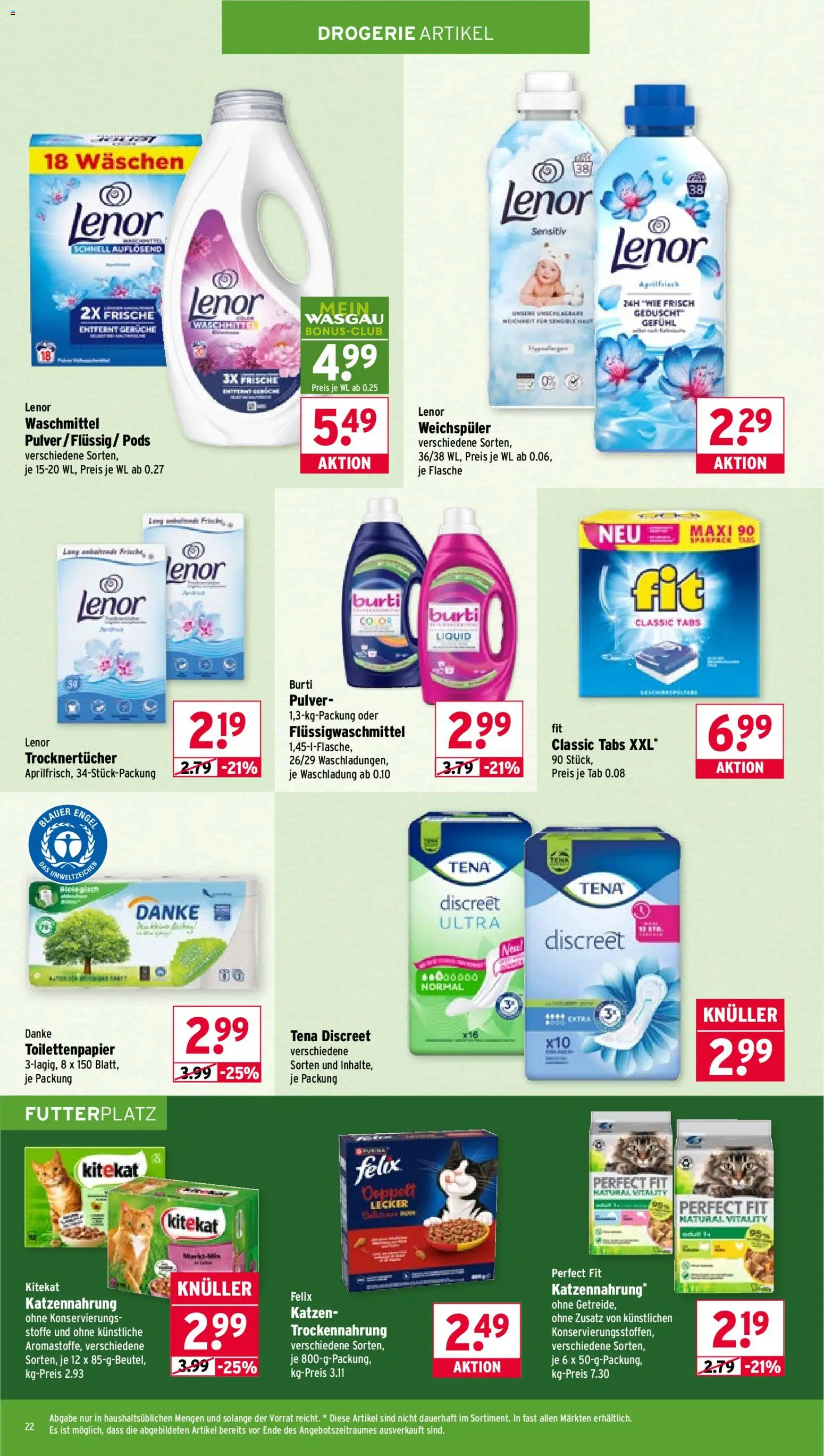 Wasgau Prospekt 	 – gültig ab 16.03.2026 | Seite: 22 | Produkte: Lenor, Weichspüler, Waschmittel, Toilettenpapier