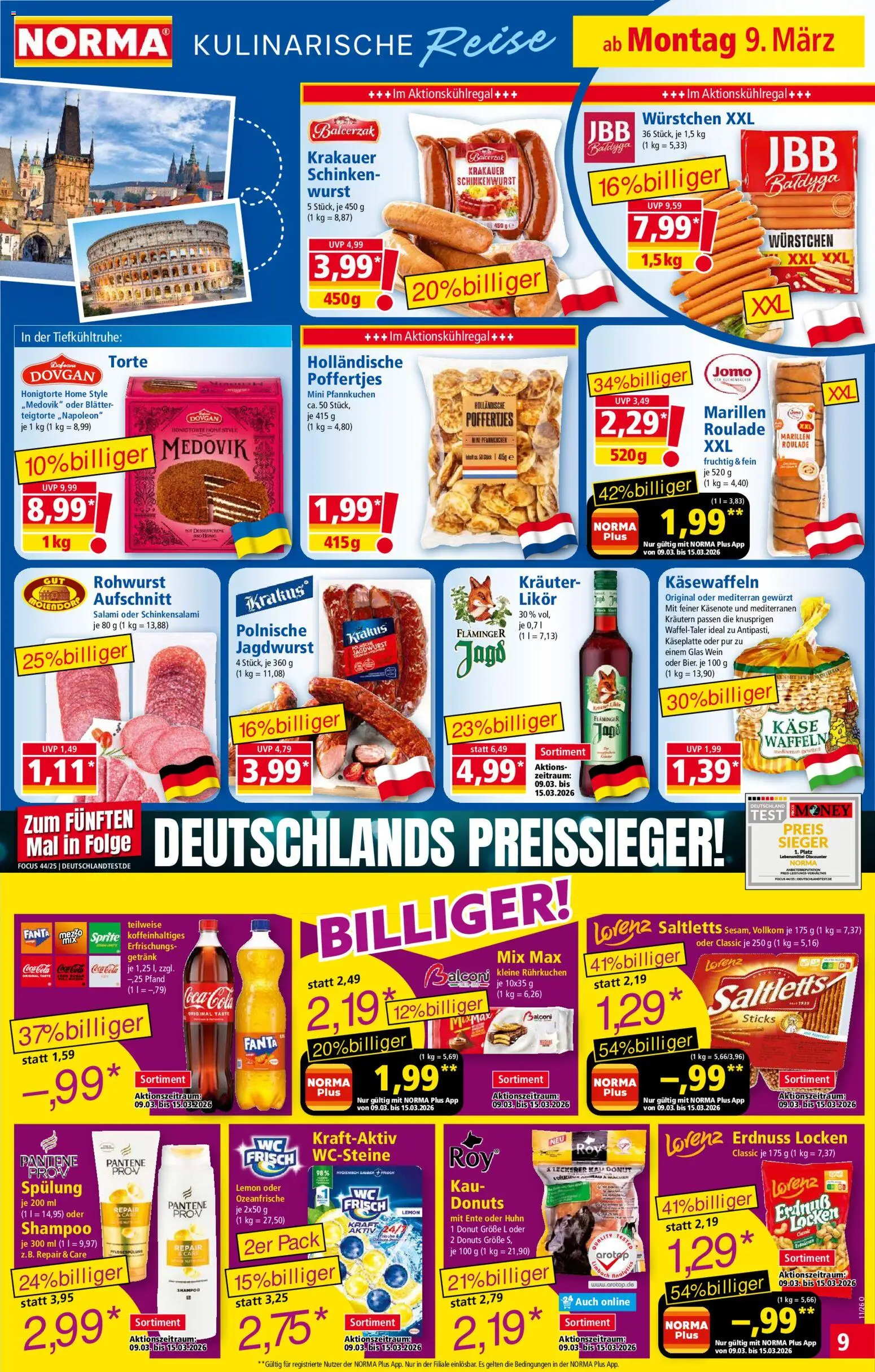 Norma Prospekt 	 – gültig ab 09.03.2026 | Seite: 9 | Produkte: Käse, Donuts, Wurst, Schinken