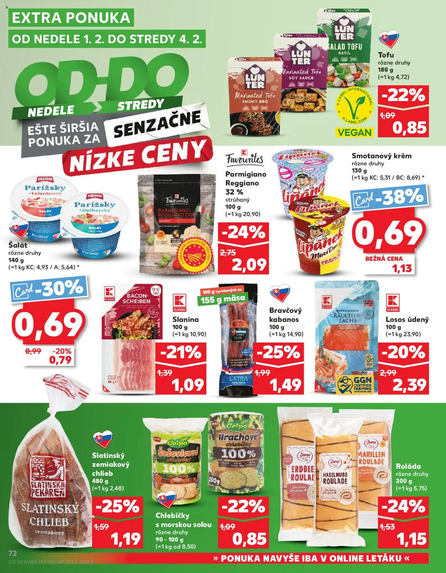 Nové Kaufland akcie – leták je platný od 29.01.2026 | Strana: 72 | Produkty: Slanina, Losos, Krém, Šalát