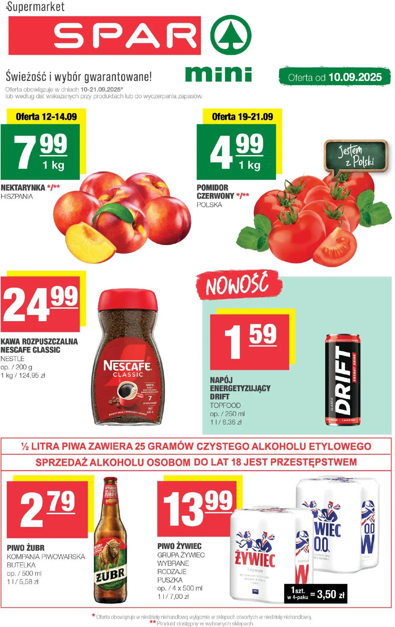 Spar Gazetka - Mini od 10.09.2025 | Strona: 1 | Produkty: Piwo żubr, Nektarynka, Nescafe, Piwo