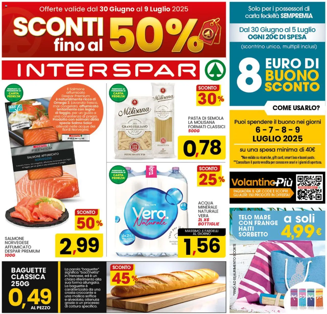 Volantino Interspar del 30.06.2025 | Pagina: 1 | Prodotti: Salmone affumicato, Salmone, Acqua, Penne