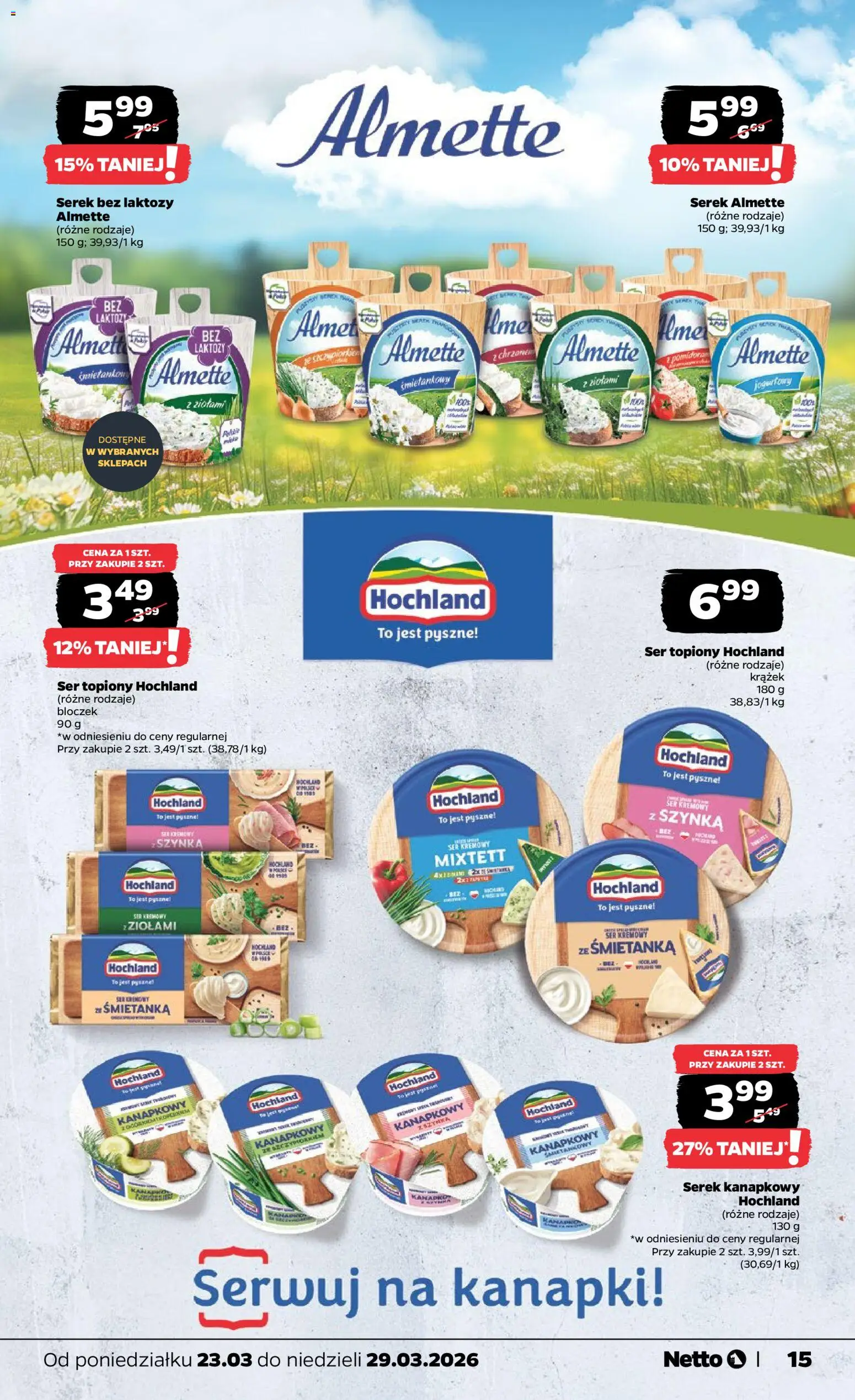 Netto gazetka od poniedziałku spożywcza od 23.03.2026 | Strona: 15 | Produkty: Ser topiony, Bez laktozy, Serek, Ser
