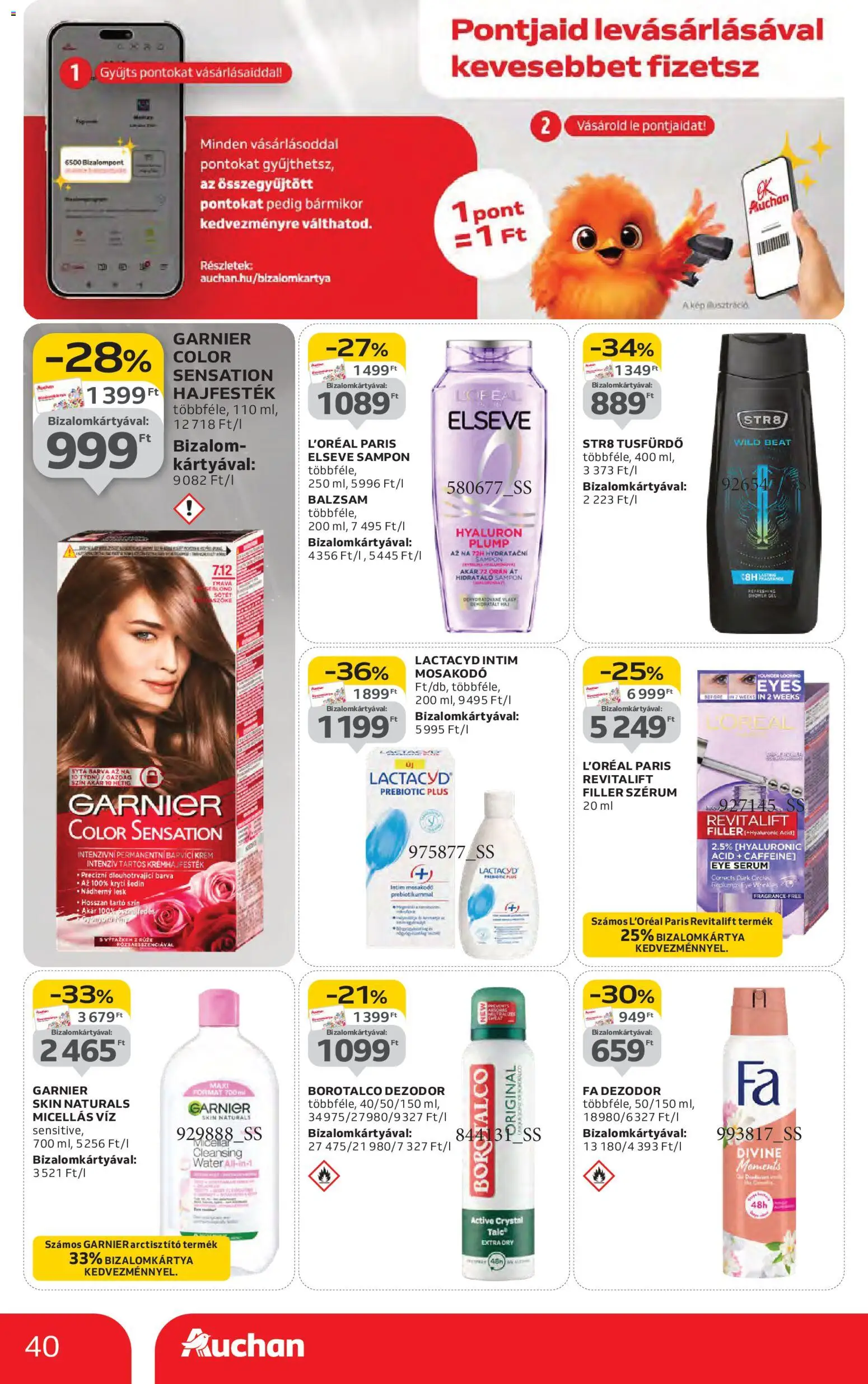 Auchan akciós ujság - amely érvényes a következő dátumtól: 30.10.2025 | Oldal: 40 | Termékek: Micellás víz, Hajfesték, Sampon, Dezodor