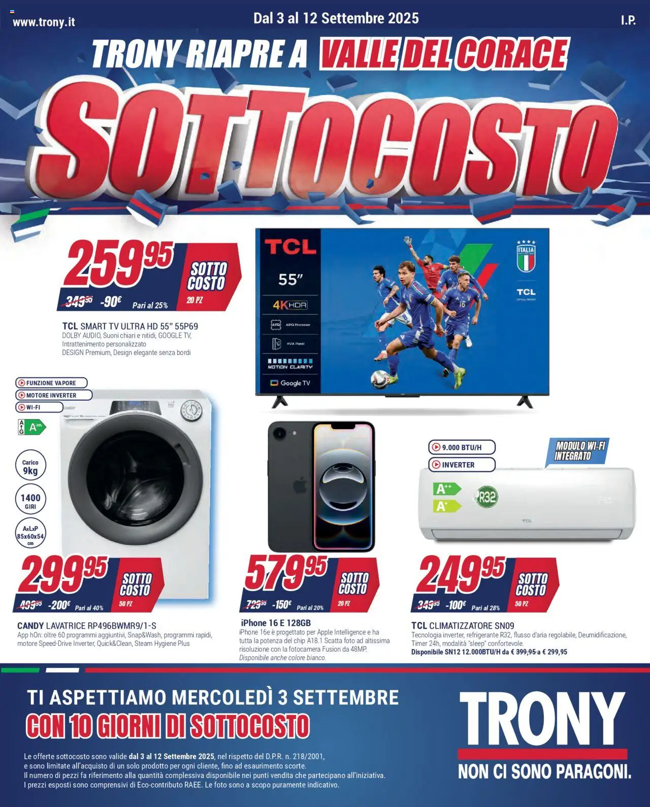 Volantino Trony del 03.09.2025 | Pagina: 1 | Prodotti: Climatizzatore, Iphone, smart TV, Fotocamera