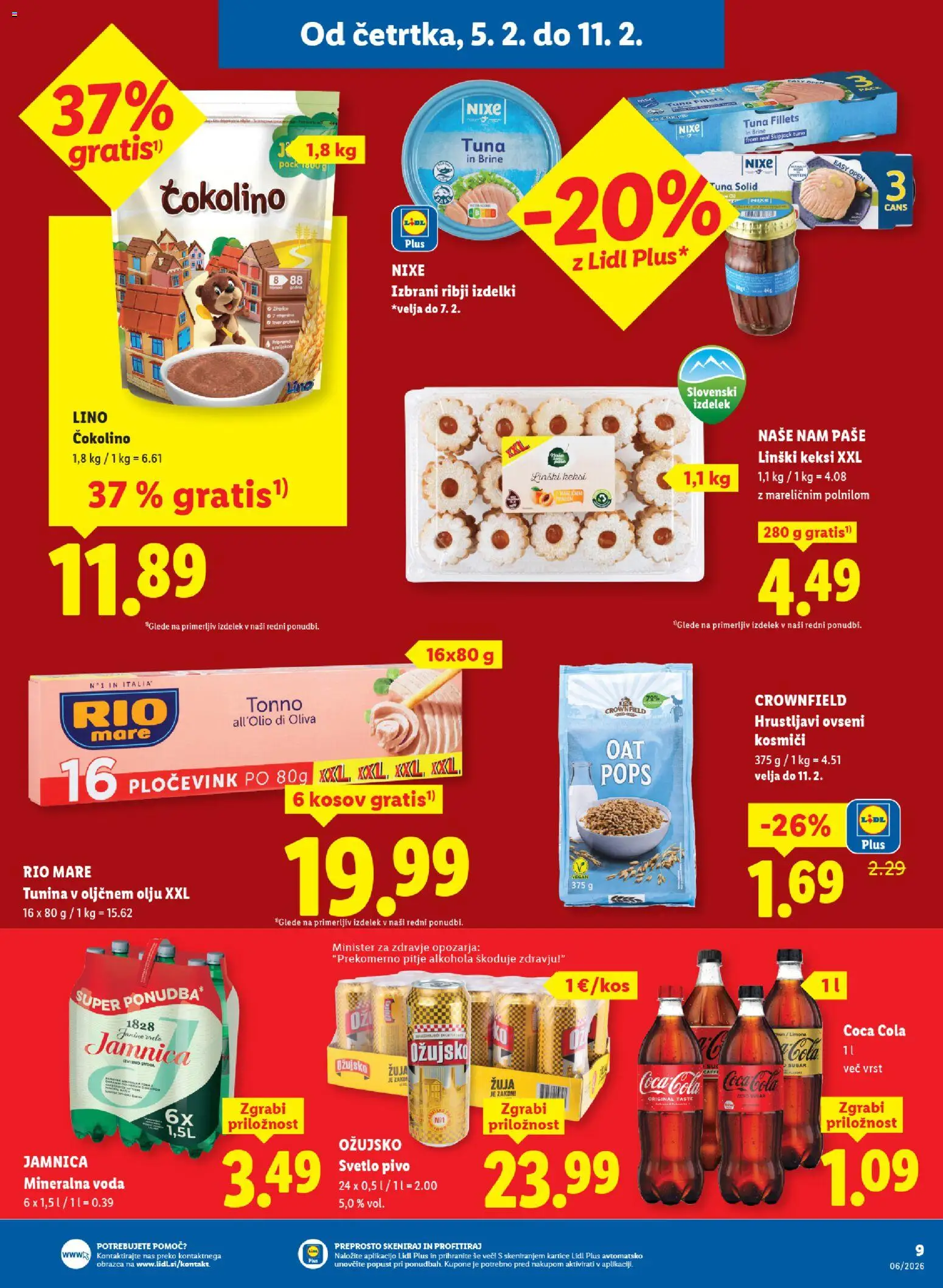 Novi Lidl katalog ponudbe – veljaven od 05.02.2026 | Stran: 9 | Izdelki: Tuna, Čokolino, Kosmici, Voda