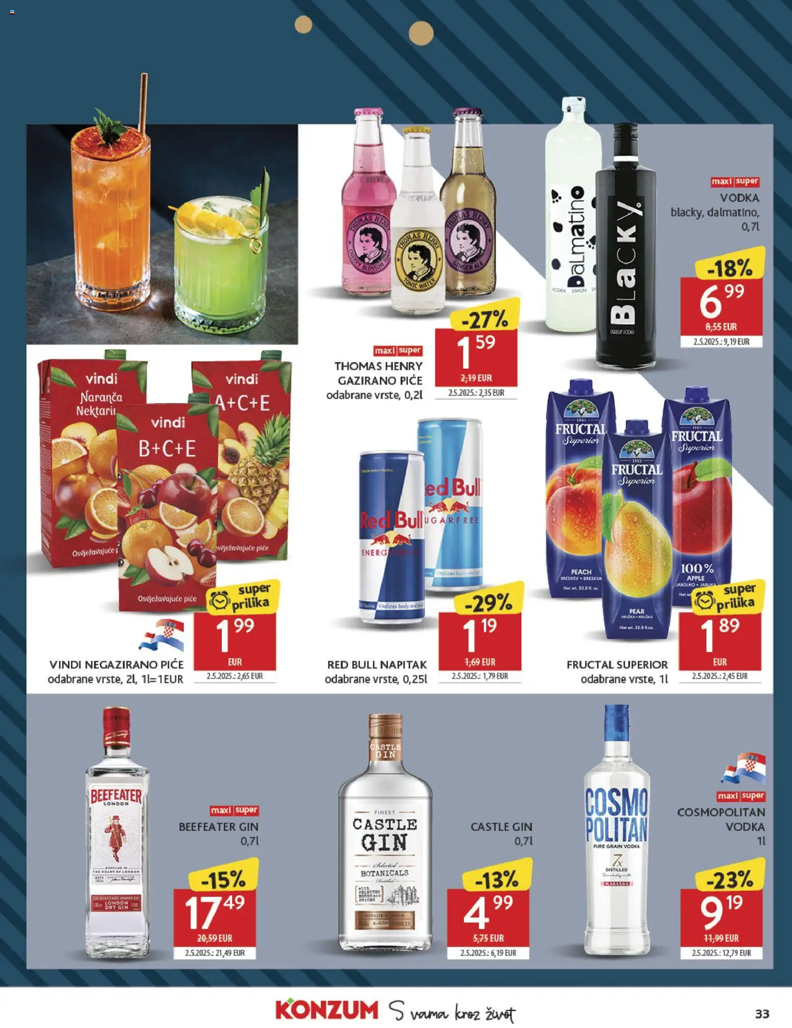 Konzum HR akciós ujság - amely érvényes a következő dátumtól: 26.11.2025 | Oldal: 33 | Termékek: Tonic, Red bull, Gin, Vodka