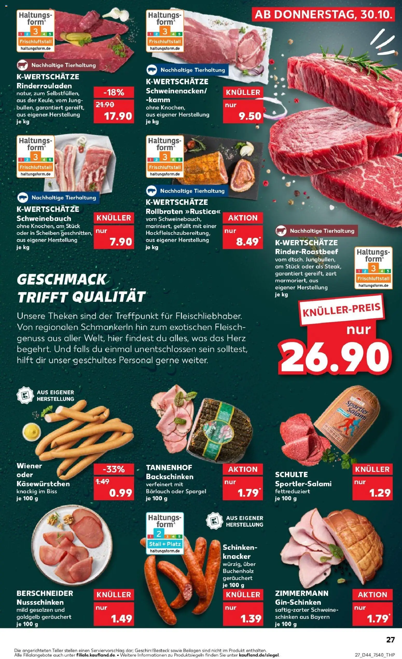 Kaufland prospekt Magdeburg	 – gültig ab 30.10.2025 | Seite: 27 | Produkte: Rinderrouladen, Schweinebauch, Salami, Fleisch