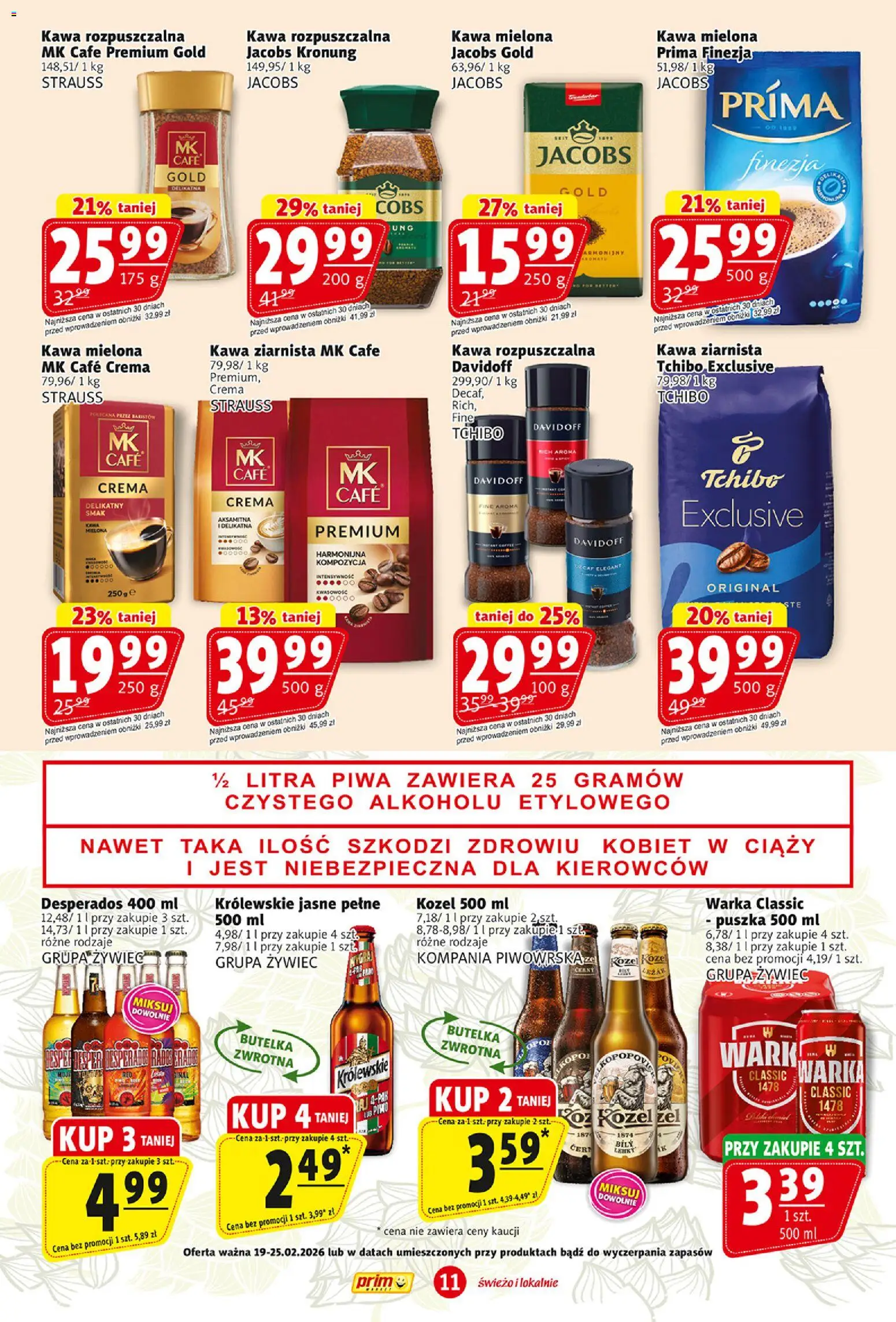 Prim Market Gazetka od 19.02.2026 | Strona: 11 | Produkty: Kawa ziarnista, Tchibo, Warka, Piwo