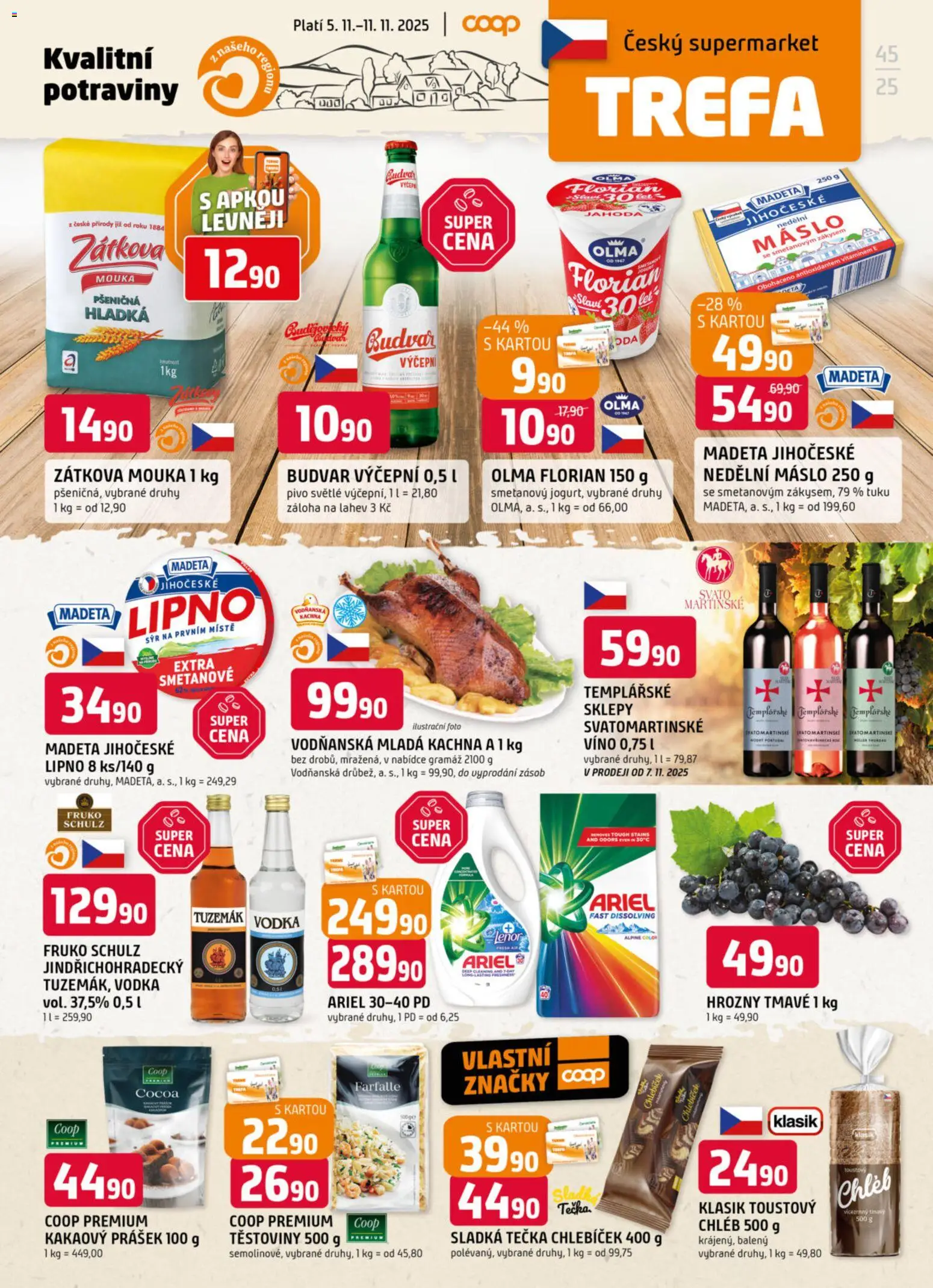 Trefa leták od 05.11.2025 | Strana: 1 | Produkty: Máslo, Těstoviny, Vodka, Ariel