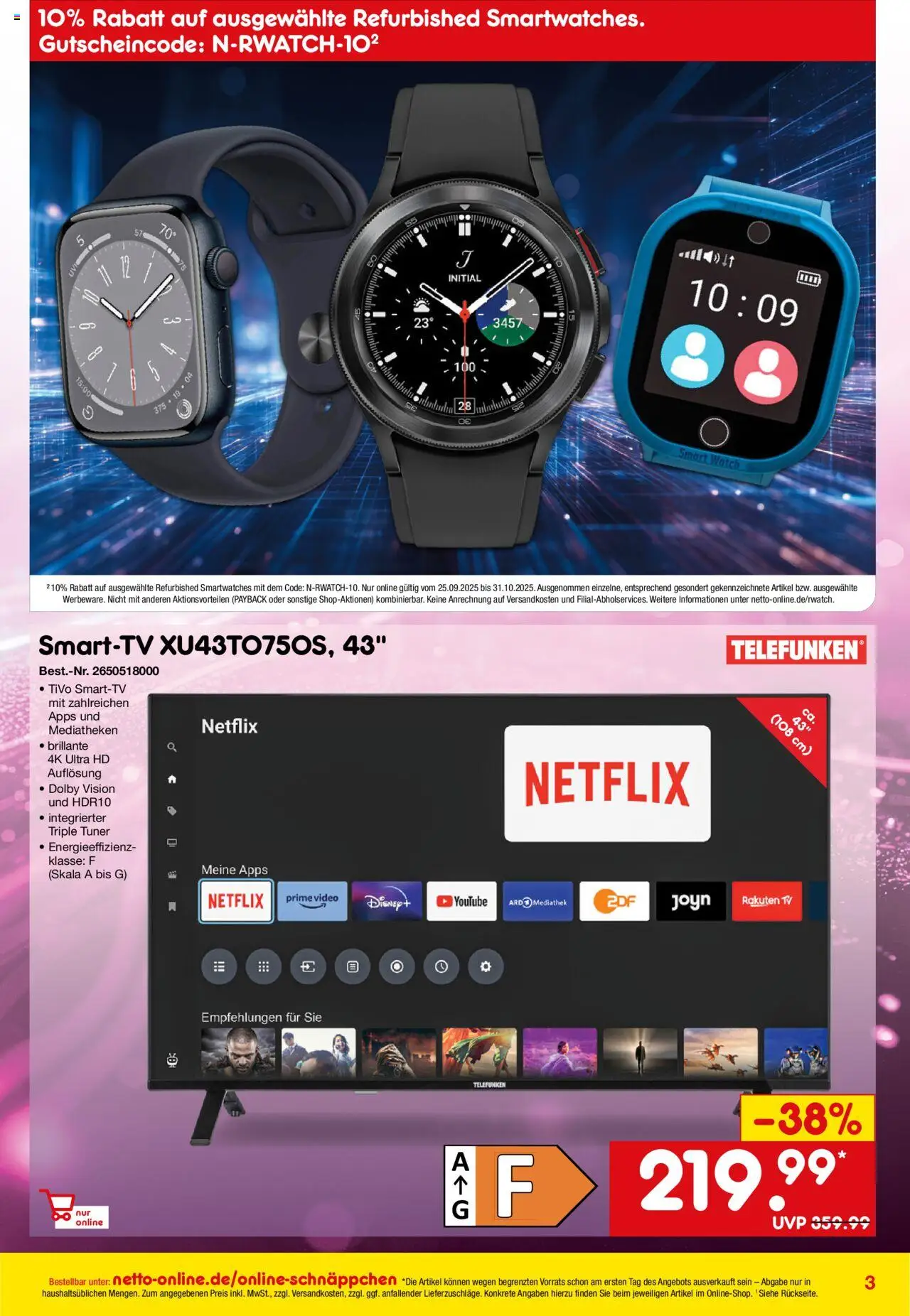 Netto Marken-Discount Online-Sonderangebote Sale – gültig ab 01.10.2025 | Seite: 3 | Produkte: TV, Video