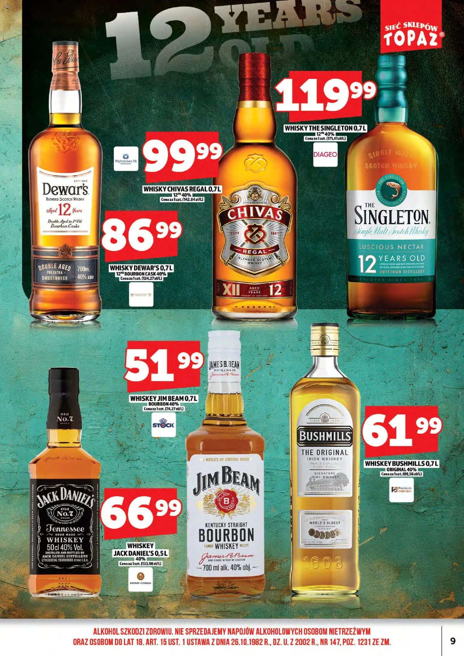 Topaz Gazetka alkoholowa od 16.02.2026 | Strona: 11 | Produkty: Whisky Chivas Regal, Bourbon, Jim Beam, Jack Daniel's