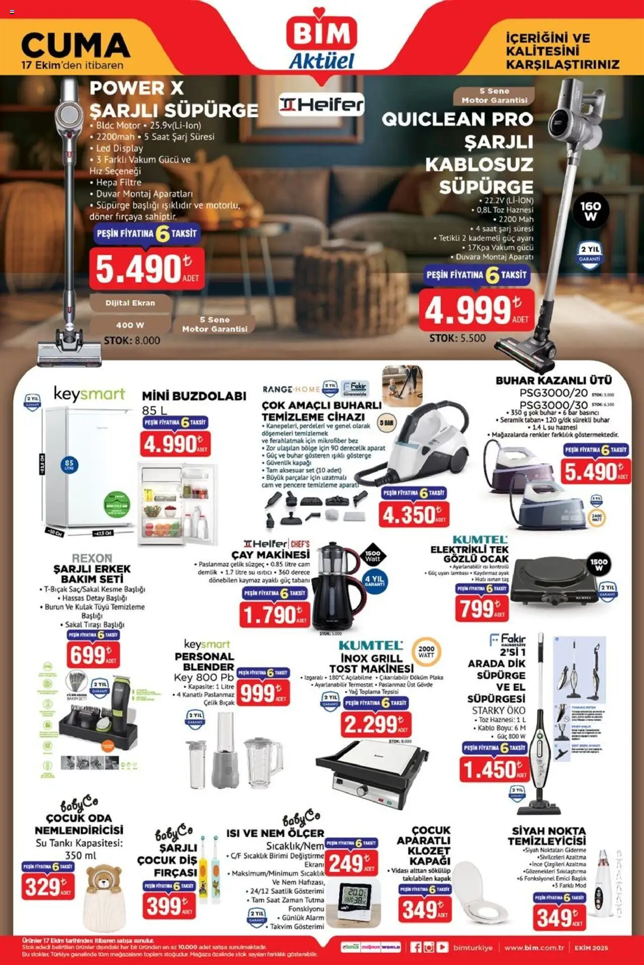 BİM Katalog Cuma - 17.10.2025 tarihinden itibaren geçerlidir | Sayfa: 1 | Ürünler: Tost makinesi, Döner, Çay makinesi, Su