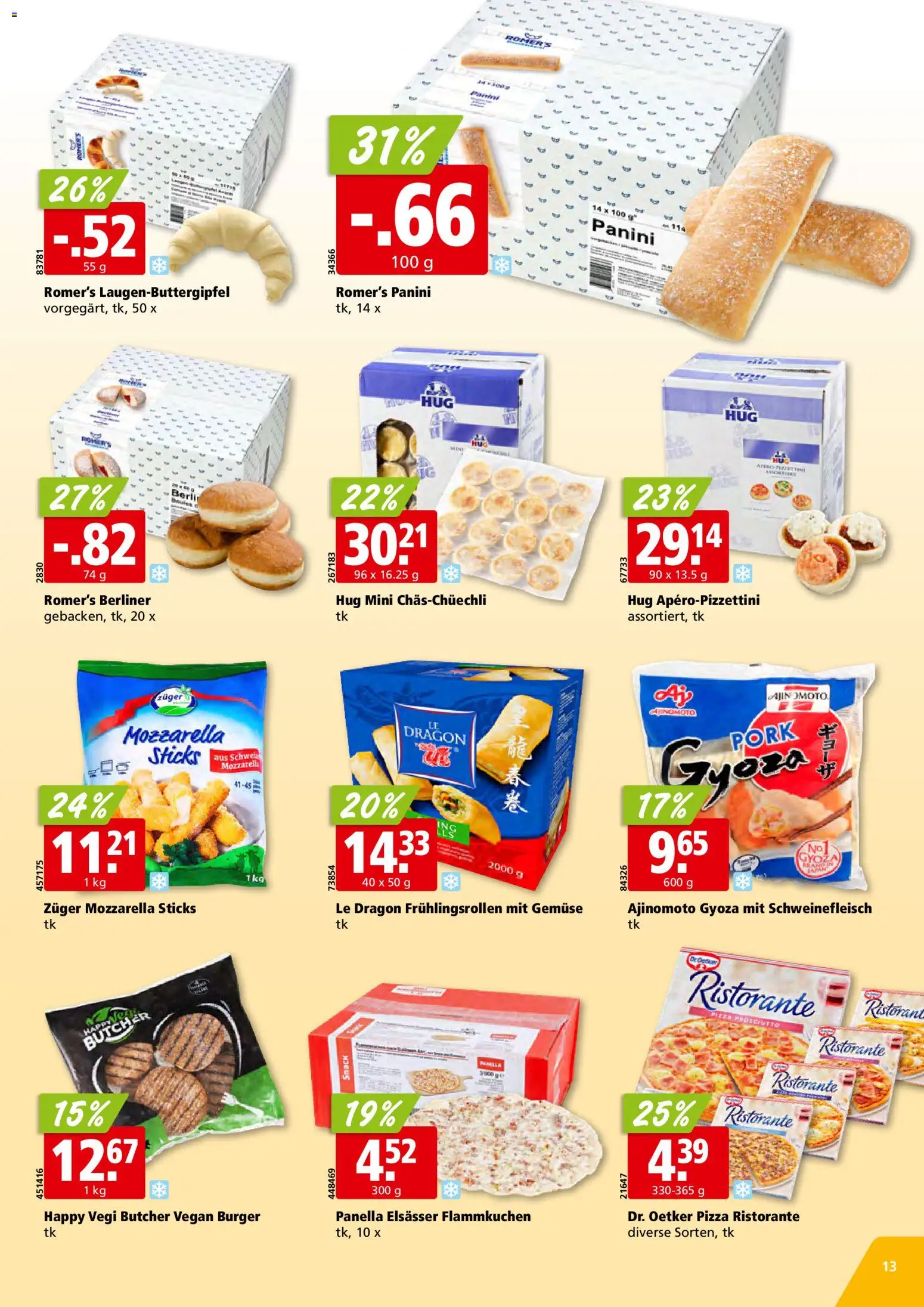 Aligro Aktionen Schlieren, Gossau SG, Frauenfeld, Rapperswil-Jona, Sargans, Bern, Brüttisellen, Pratteln, Emmen, Spreitenbach – gültig ab 26.01.2026 | Seite: 13 | Produkte: Burger, Pizza, Schweinefleisch, Gemüse