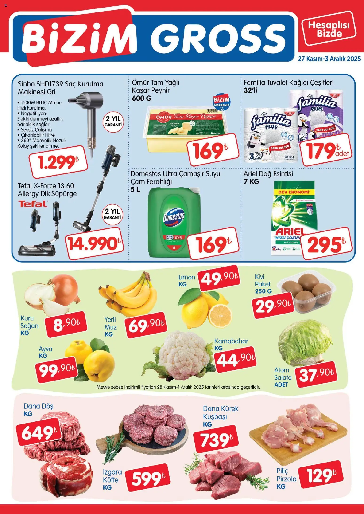 Bizim Toptan - Bizim Gross Fırsat Bülteni - 27.11.2025 tarihinden itibaren geçerlidir | Sayfa: 1 | Ürünler: Peynir, Salata, Meyve, Karnabahar