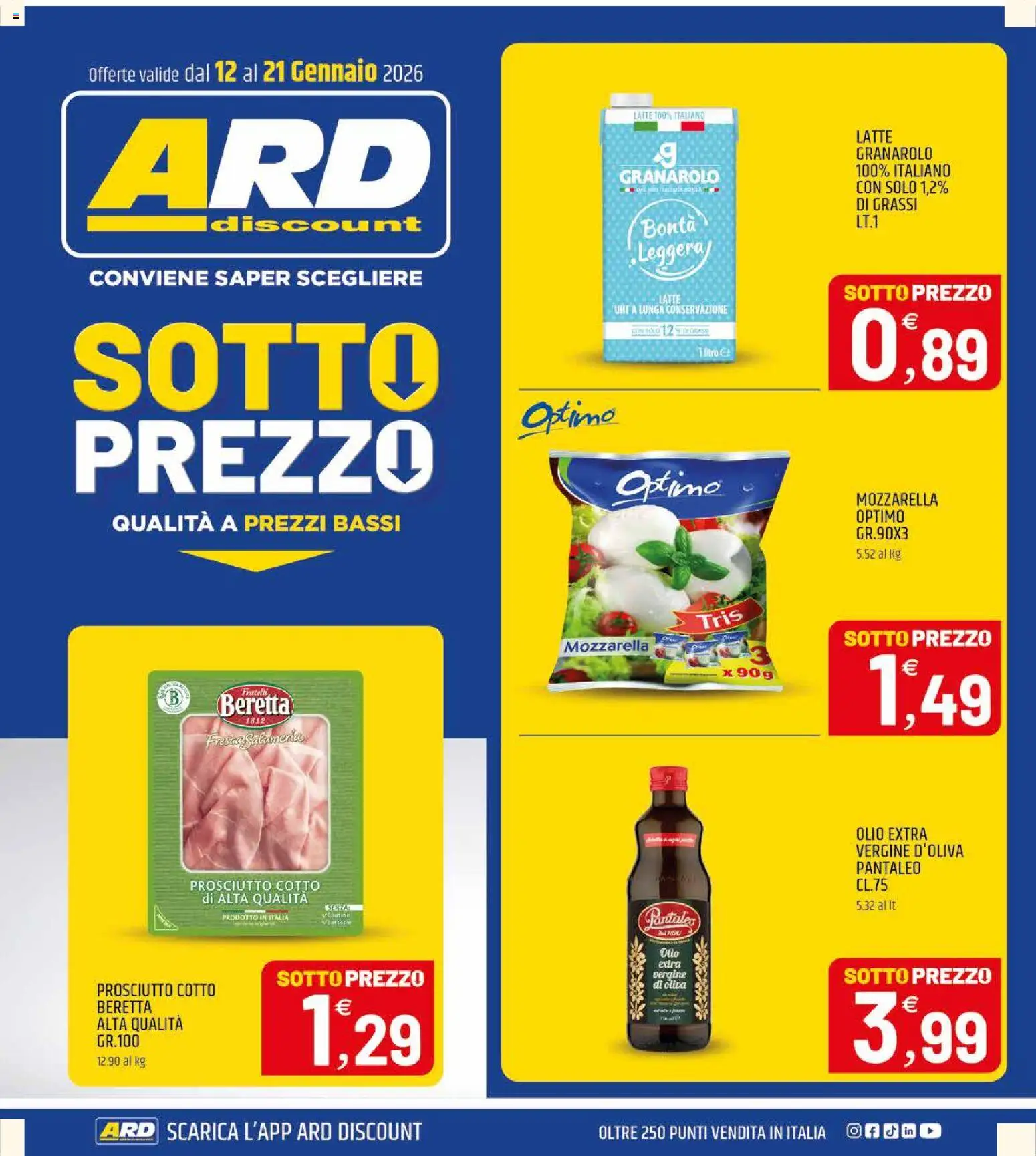 Volantino ARD Discount del 12.01.2026 | Pagina: 1 | Prodotti: Prosciutto Cotto, Latte, Prosciutto, Olio extra vergine