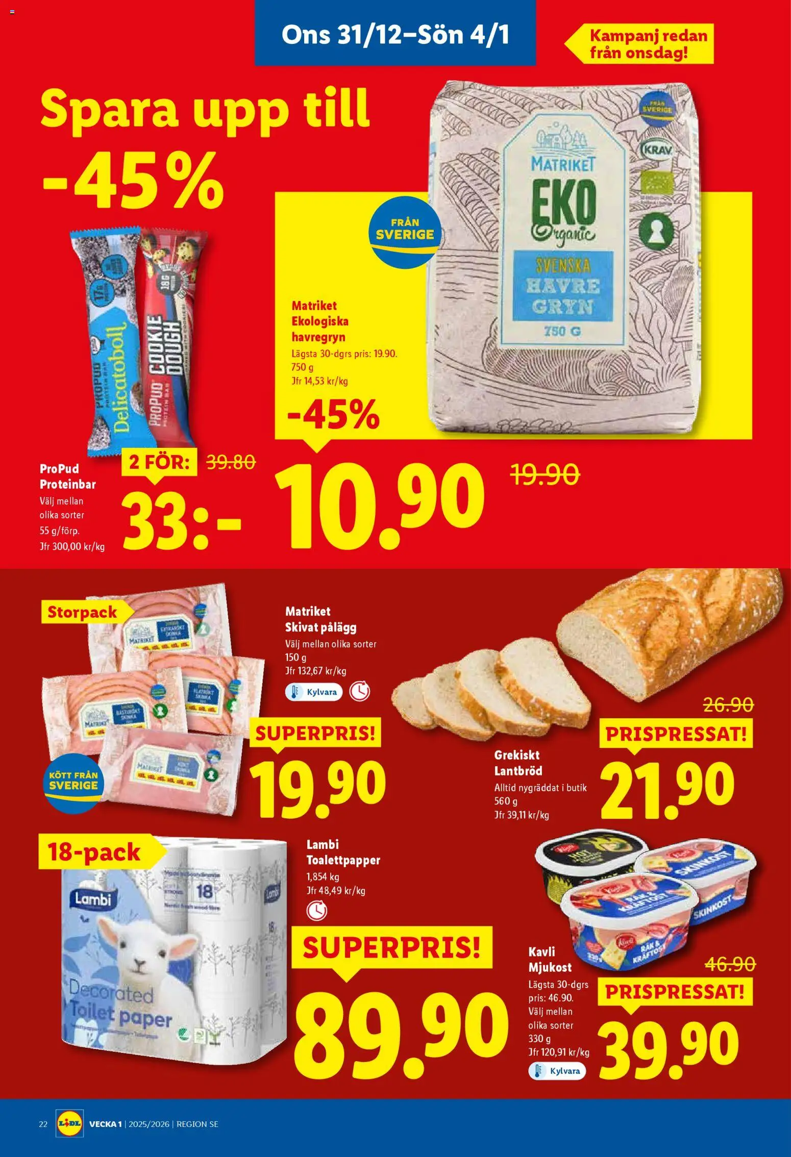Lidl reklamblad aktuell från 29.12.2025 | Sida: 25 | Produkter: Toalettpapper, Havregryn, Proteinbar, Mjukost