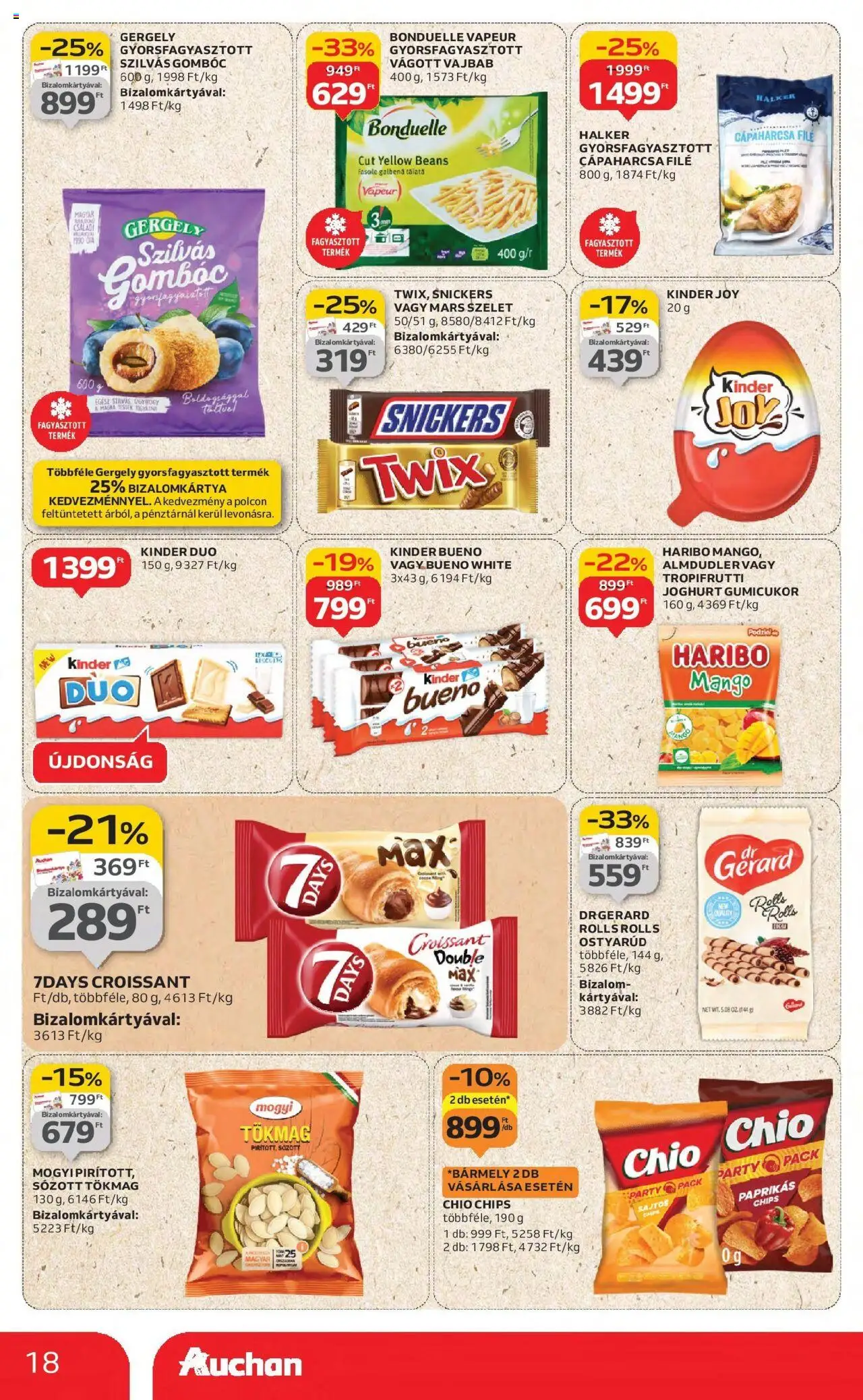 Auchan akciós ujság - amely érvényes a következő dátumtól: 21.08.2025 | Oldal: 18 | Termékek: Tökmag, Gumicukor, Snickers, Cápaharcsa filé