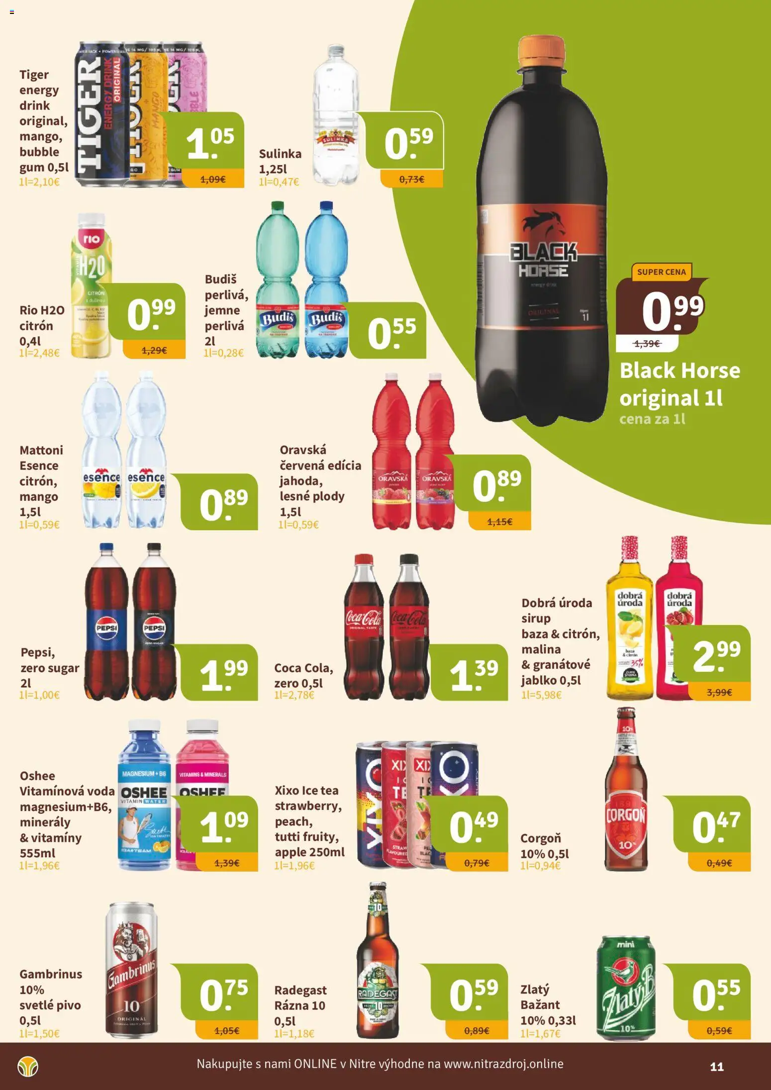 Nové Nitrazdroj akcie – leták je platný od 17.04.2026 | Strana: 11 | Produkty: Pivo, Radegast, Budiš, Corgoň