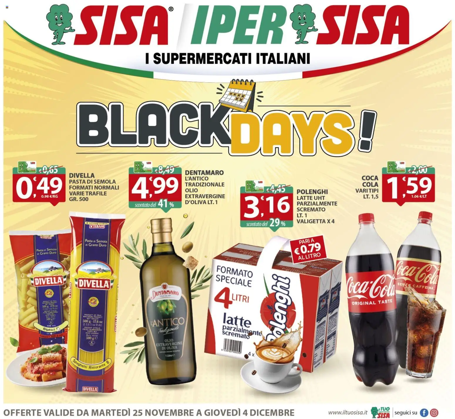 Volantino SISA del 25.11.2025 | Pagina: 1 | Prodotti: Latte, Olio, Pasta, Valigetta