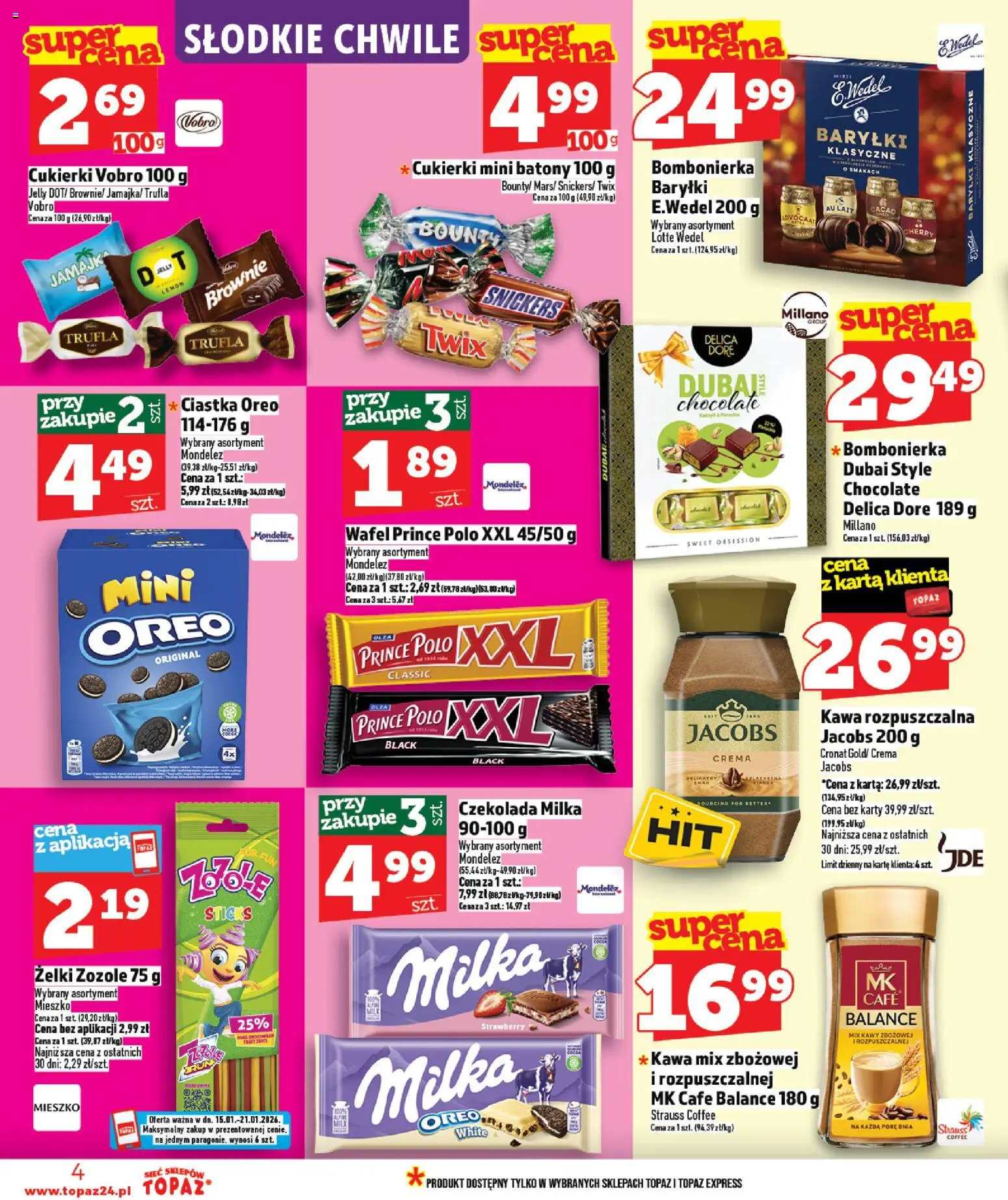 Topaz Gazetka MAZ od 15.01.2026 | Strona: 4 | Produkty: Karta, Czekolada milka, Żelki, Cukierki mini