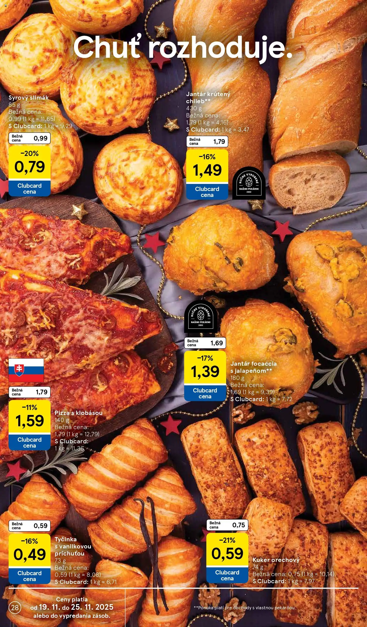 Nové Tesco akcie – leták je platný od 19.11.2025 | Strana: 28 | Produkty: Chlieb, Pizza