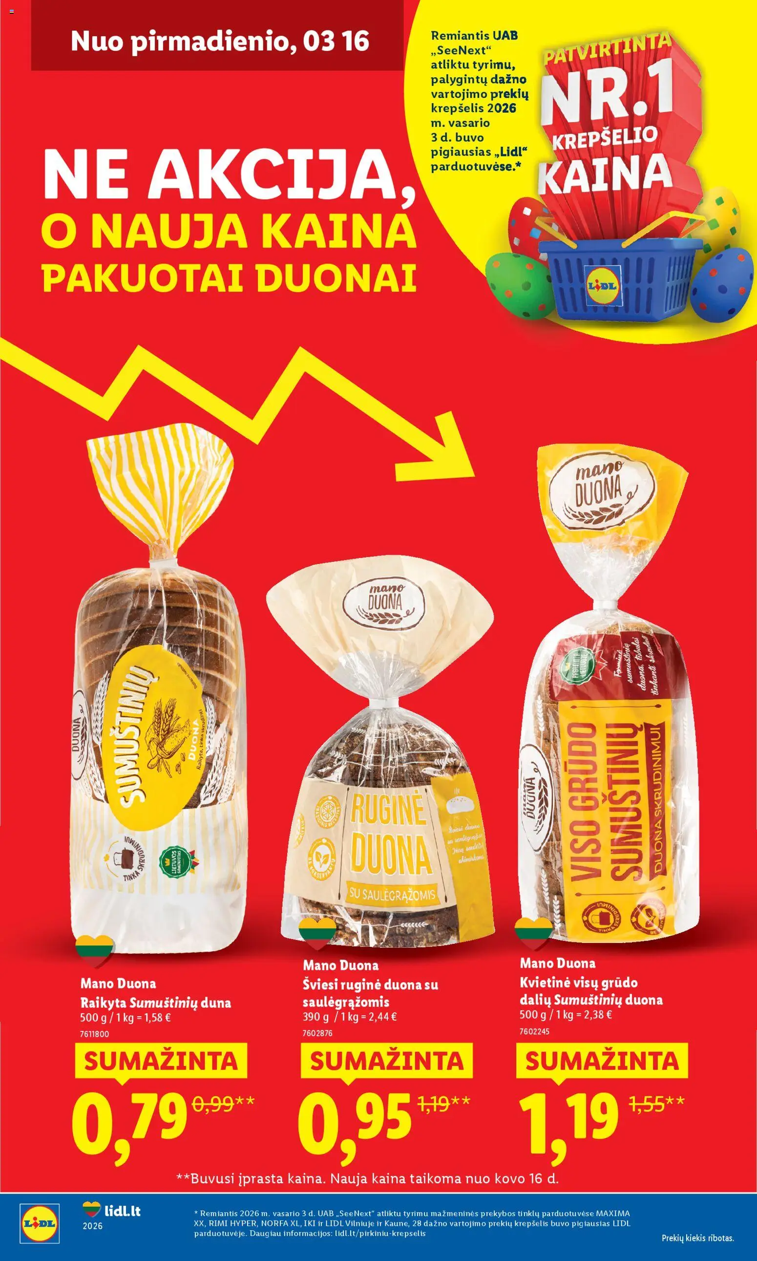 LIDL akcijos nuo 16.03.2026 | Puslapis: 1 | Prekių: Duona skrudinimui, Duona, Krepšelis